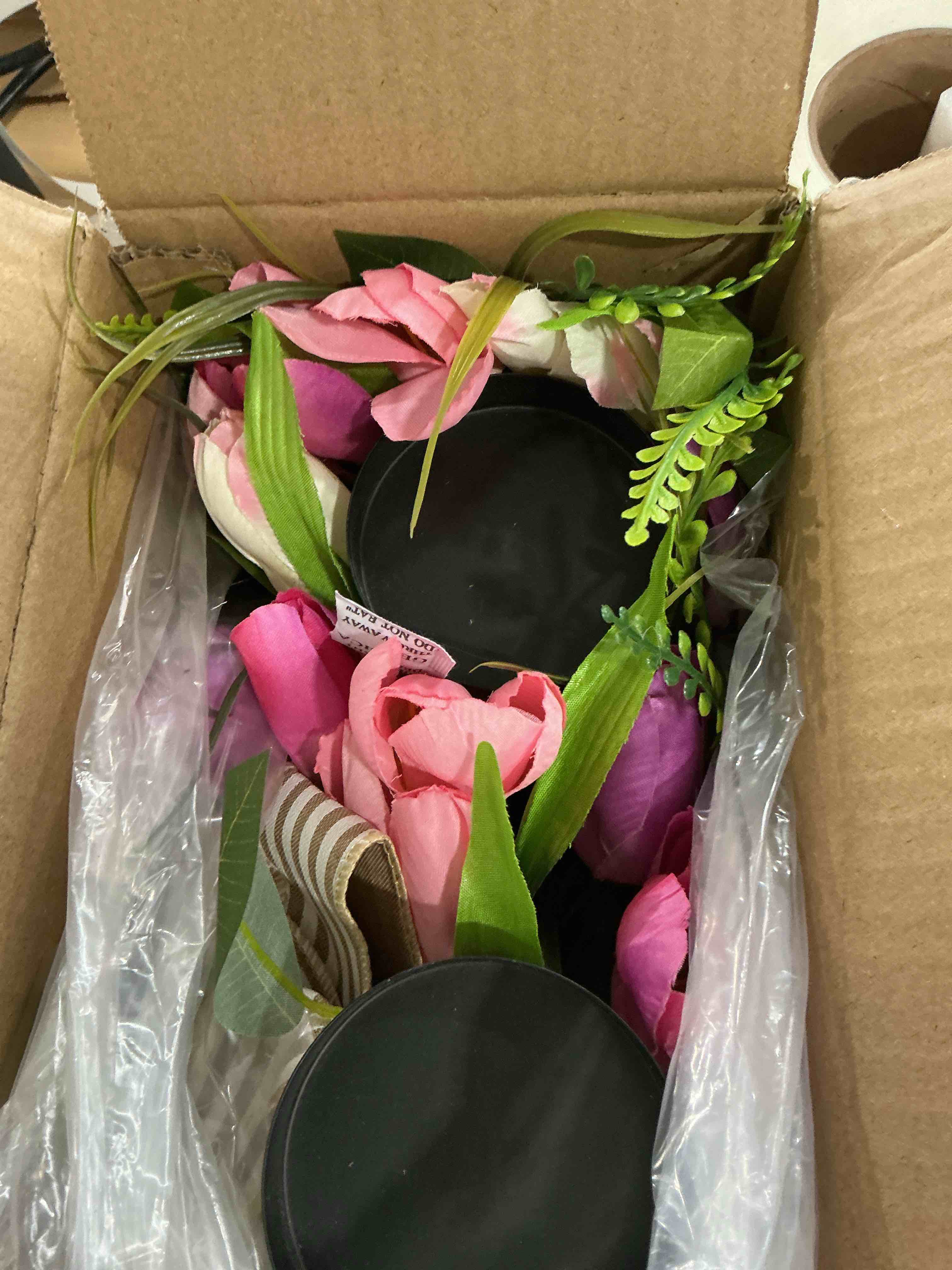 Condition photo showing New/Like New for Spring Summer Candle Holder Centerpiece for Table,Artificial Tulip Flowers and Bows,Artificial Eucalyptus Leaves for Spring Outdoor Home Decor Table Centerpiece Decor Dining Room Decor