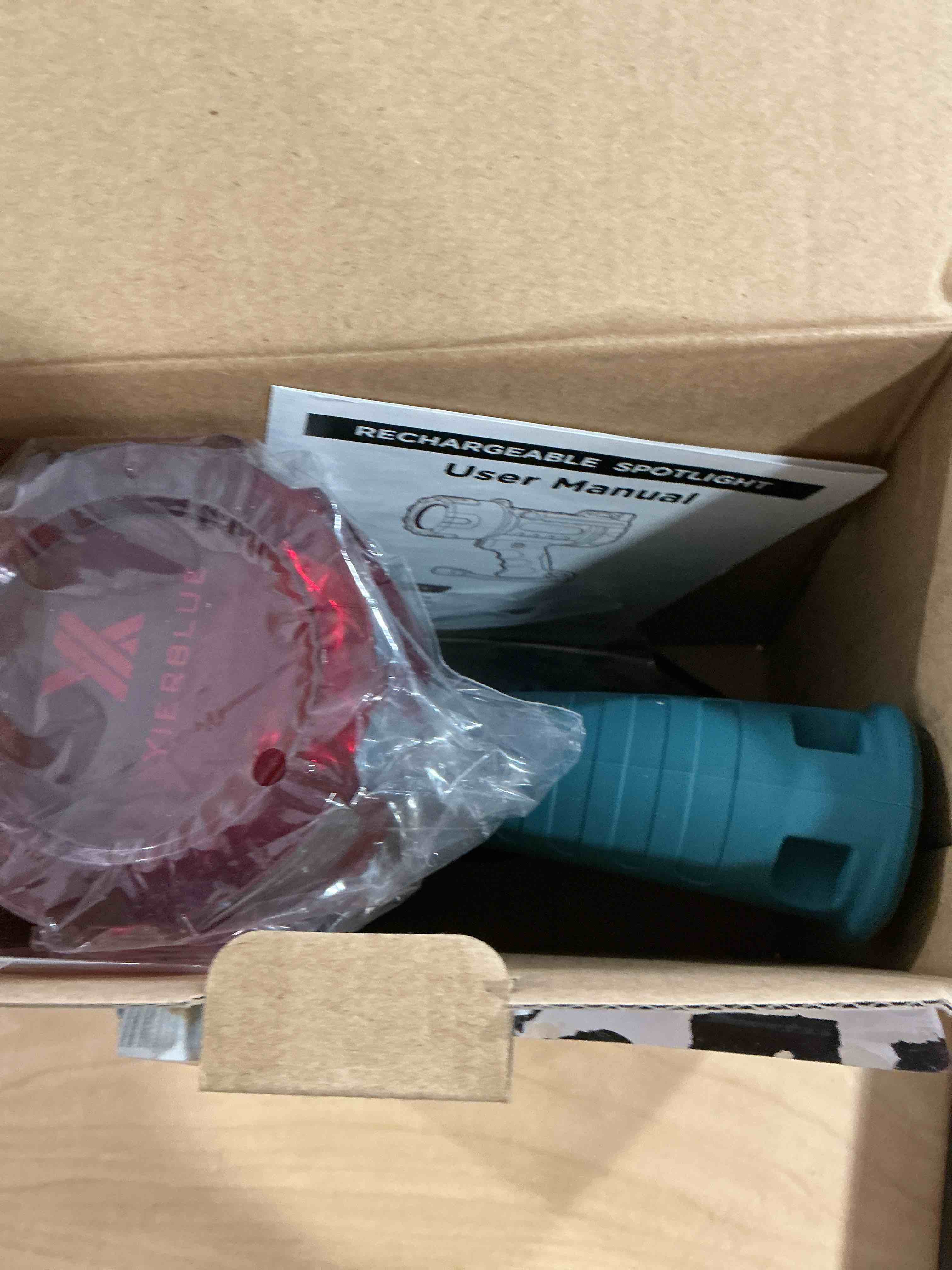 Condition photo showing New/Like New for YIERBLUE Rechargeable Spotlight Flashlight IP67 Waterproof with 200,000 Lumen LED, 12 Hours Long Running Spot Light, Impact Resistant Handheld Spotlight with Foldable Stand Red Lens