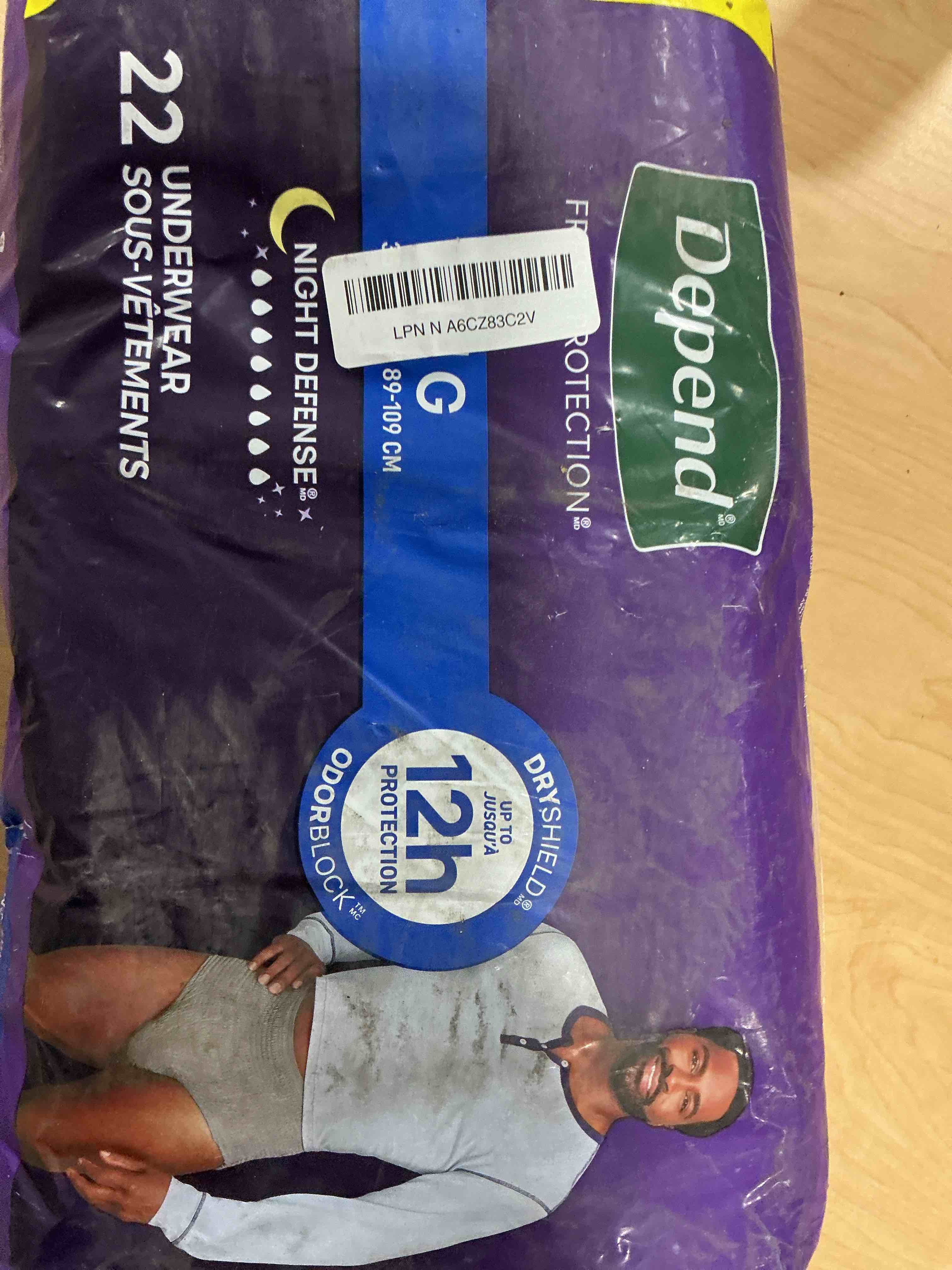 Condition photo showing New/Like New for Depend Night Defense Adult Diapers, Incontinence Underwear for Men, Disposable, Overnight, Large, Grey, 22 Count, Packaging May Vary Large 22