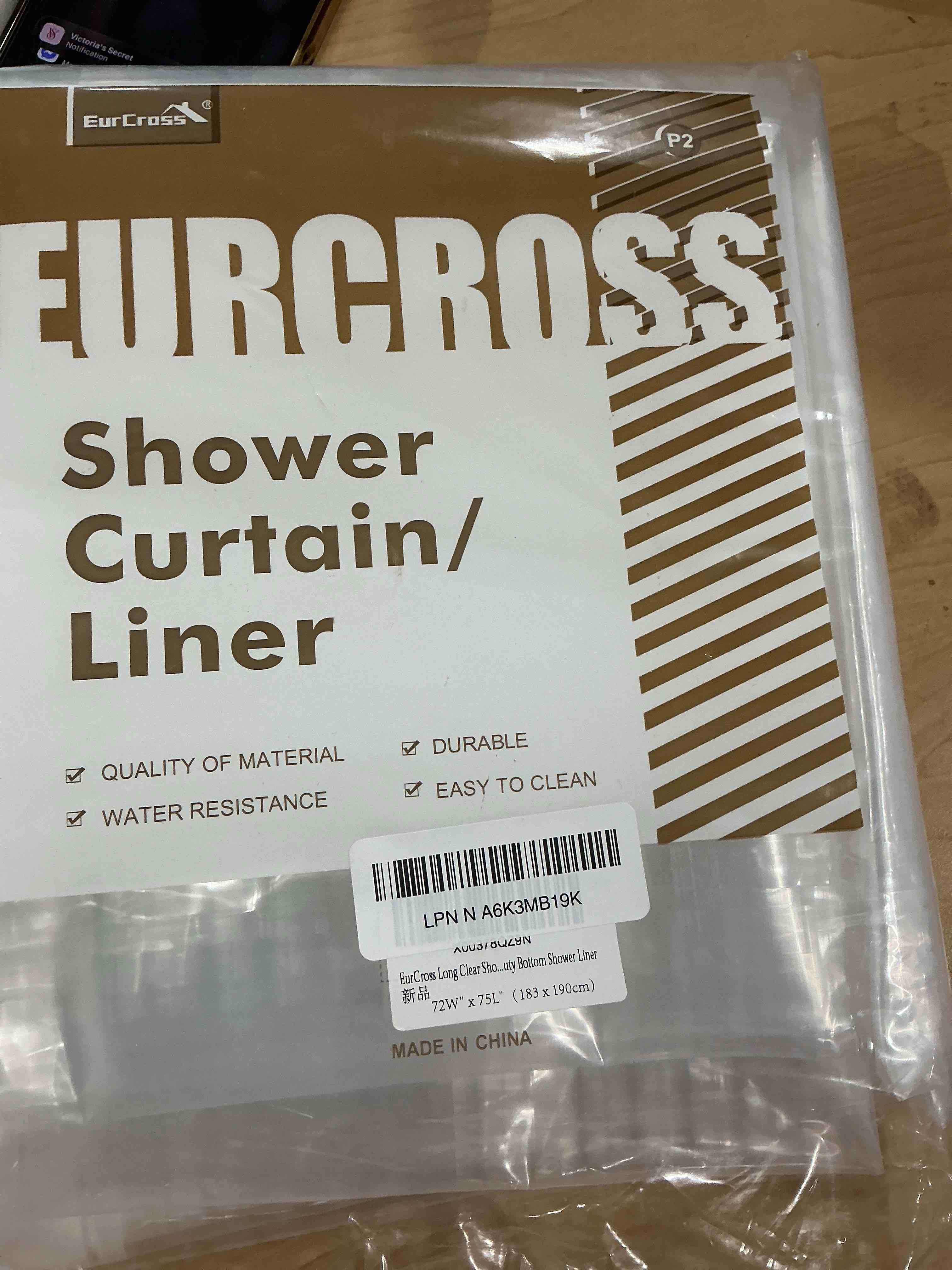 Condition photo showing New/Like New for EurCross 75 inch Long Clear Shower Curtain Liner with Design, Waterproof Softer Plastic Curtain Liner for Bathroom 72x75 inches Length with 3 Bottom Weights Clear 72"W x 75"L (Pack of 1)