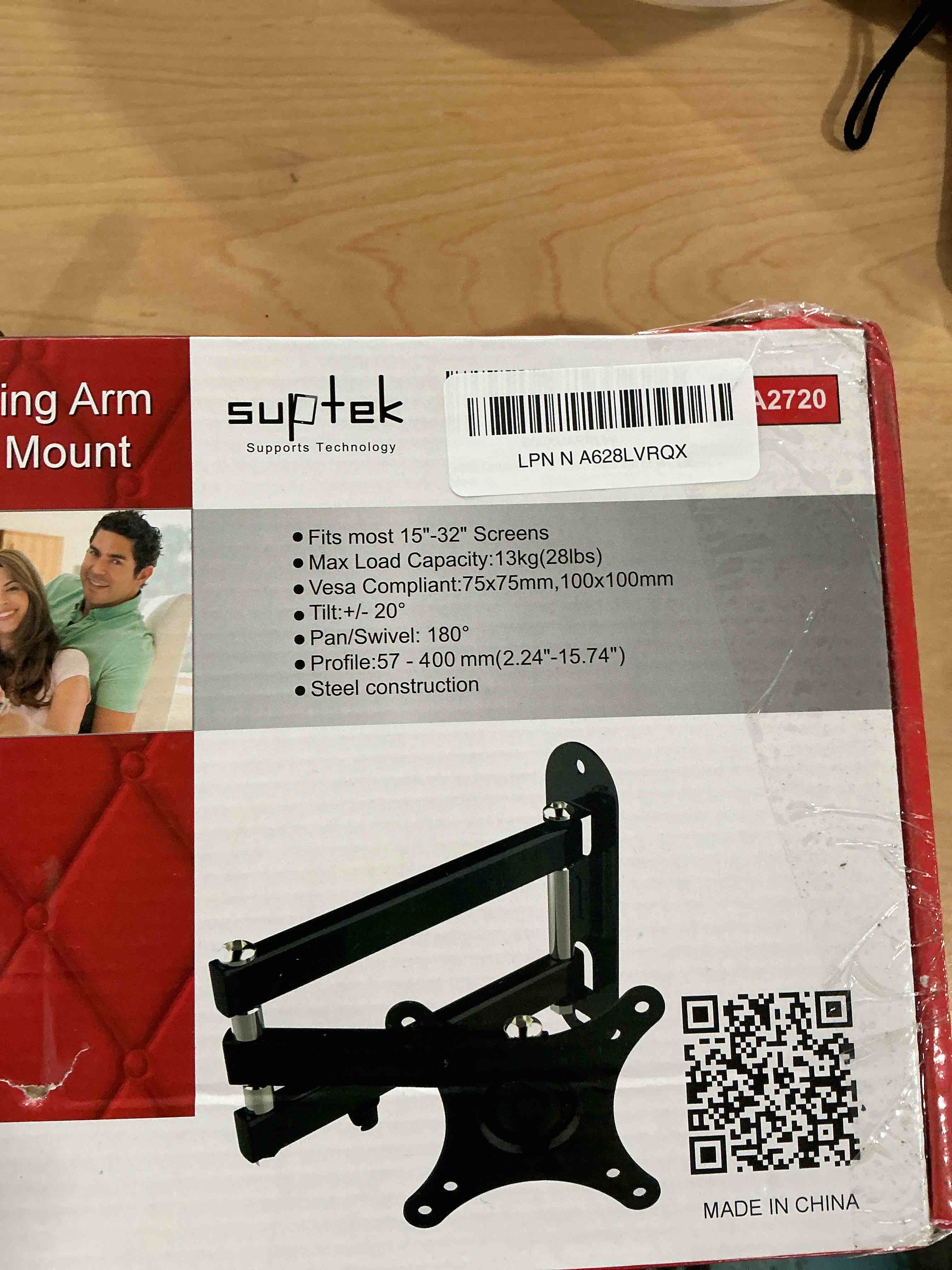Condition photo showing New/Like New for Suptek TV Wall Mount Swivel Tilt Rotation Full Motion Adjustable Articulating for Most 15-32 inch LED, LCD Monitor Wall Mount VESA 75,100 (MA2720) 15-32”-1pc Black