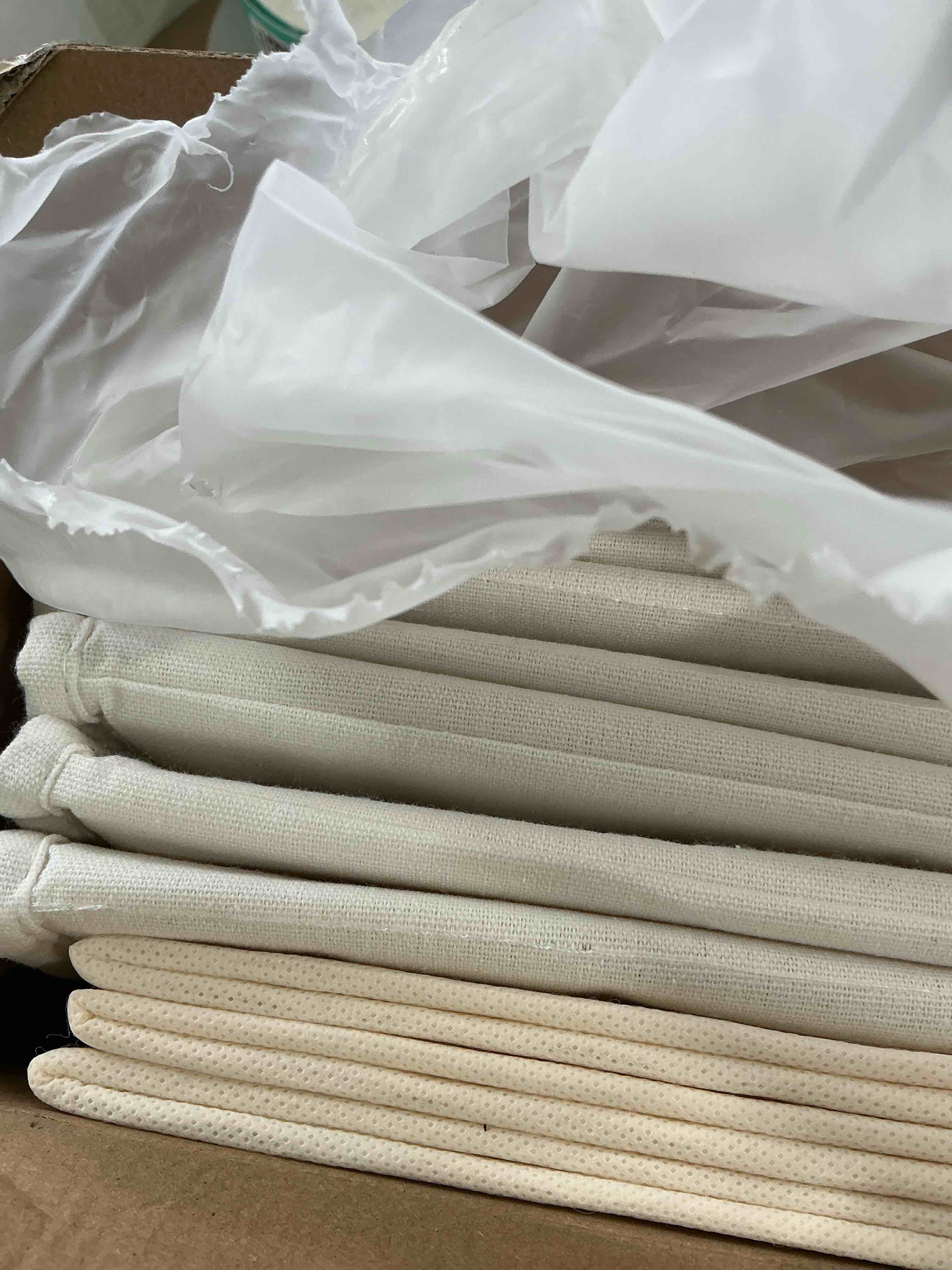 Condition photo showing New/Like New for 3 Pack Fabric Storage Bins for Shelves | 14¾" L*10¼" W*8¼" H Closet Storage Bins | Collapsible Closet Organizers for Clothes | Linen Clothes Bins | White & Ivory White & Ivory 3pcs-14.75"x10.25"x8.25"
