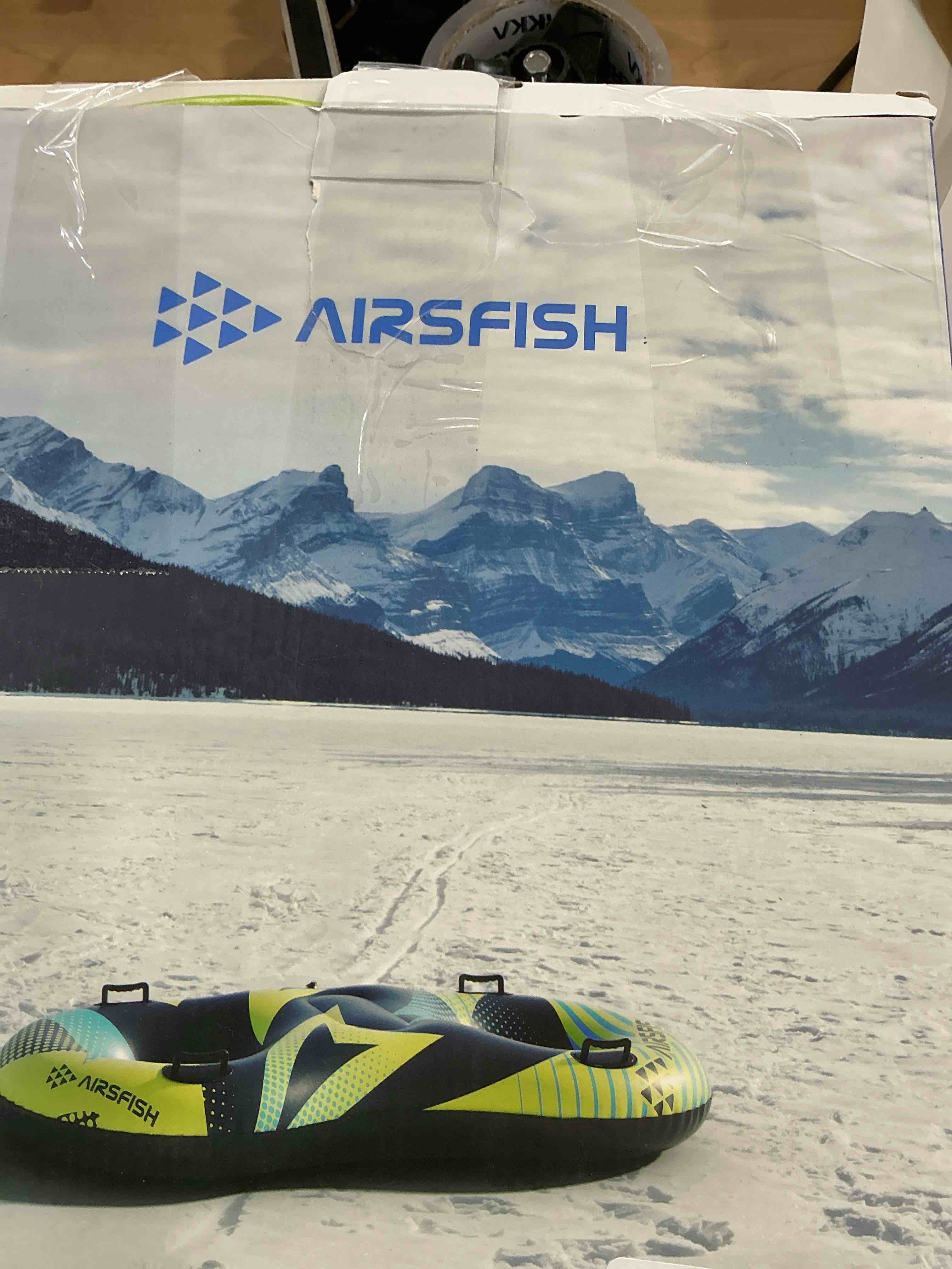 Condition photo showing Good Condition for Snow Tube with Towable Leash, AirsFish Inflatable Snow Sled Heavy Duty Cover Wear-Resistant & Antifreeze Material Sledding Tubes for Winter Sports 1 Glacier Surge