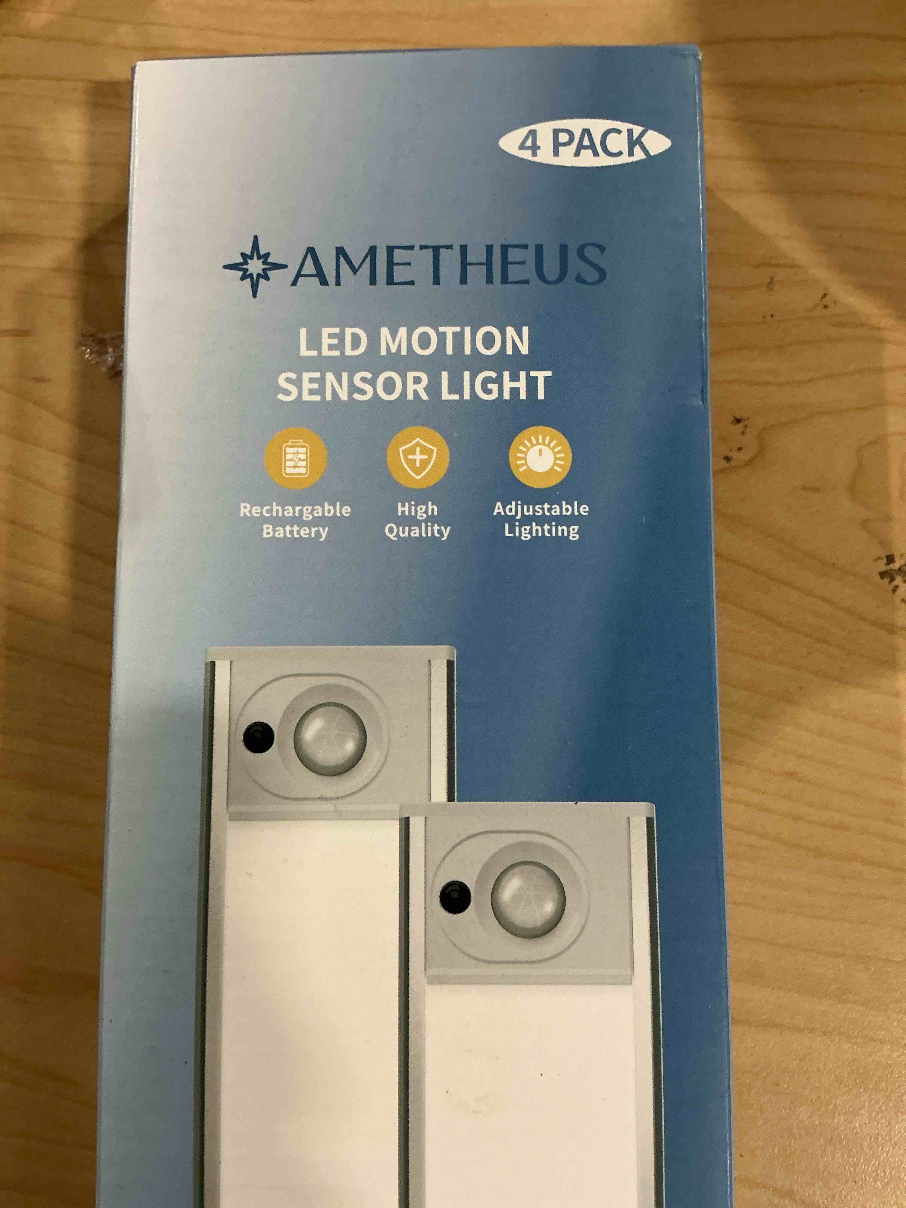 Condition photo showing New/Like New for 4Pack 12inch Under Cabinet Lighting, Rechargeable Motion Sensor Light Wireless Indoor, Dimmable 3 Color Temps Closet Lights with Remote, Indoor Under Counter LED Lights for Kitchen, Stairs