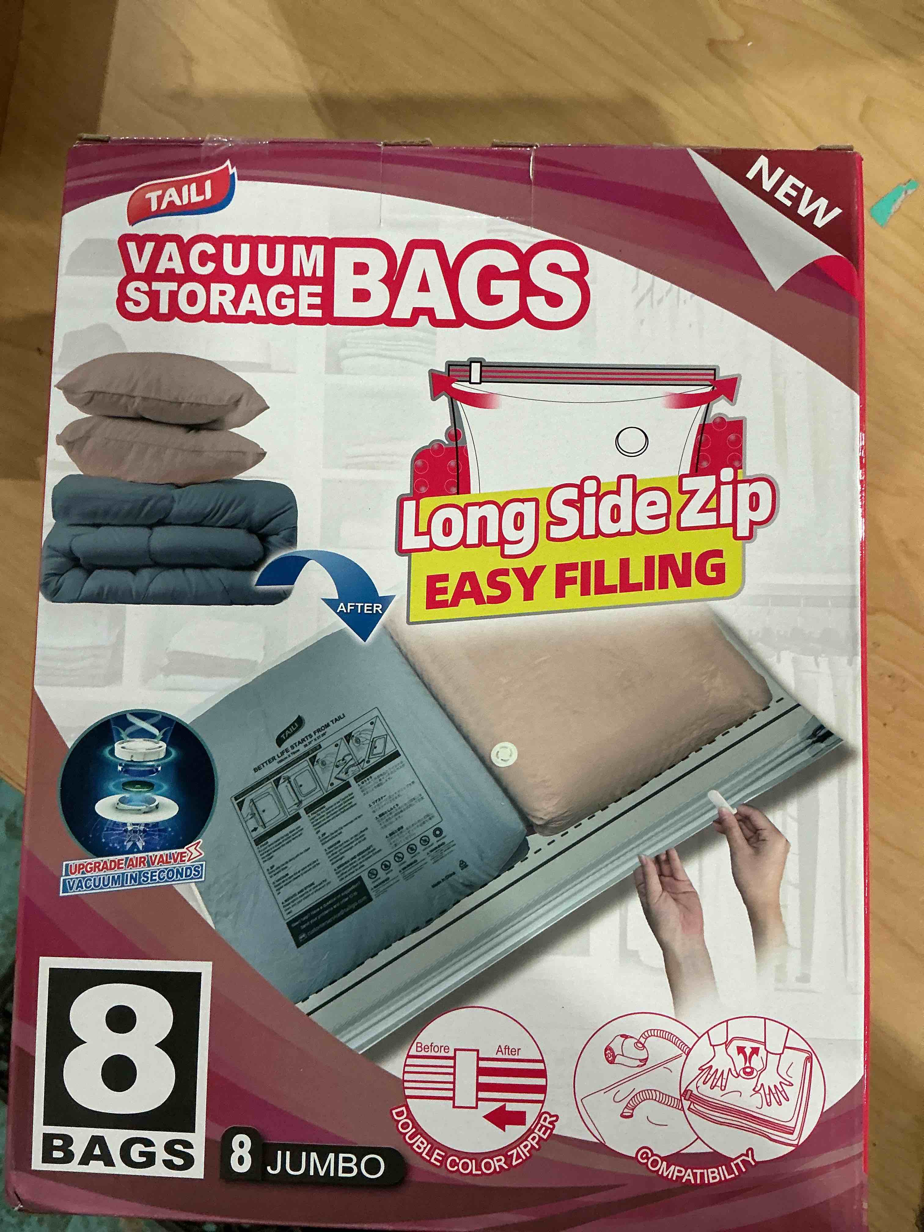Condition photo showing New/Like New for TAILI 8 Pack Vacuum Storage Bags, Jumbo Size 39x28 inch, LONG SIDE ZIP Vacuum Seal Bags for Beddings, Extra Large Storage Space Saver for Clothing, Comforters, Blankets, Pillows