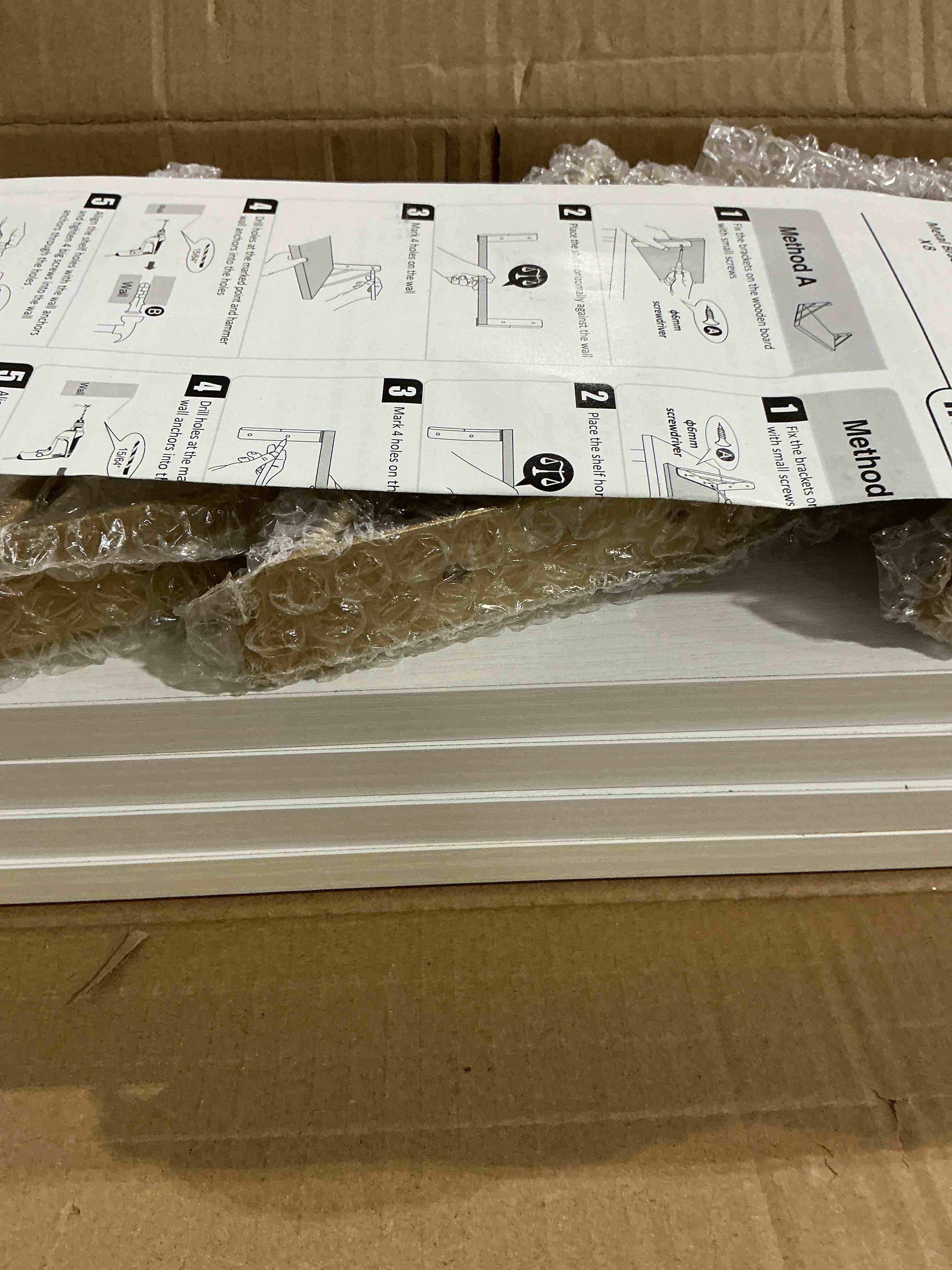 Condition photo showing New/Like New for BAYKA Wall Shelves for Bedroom Decor, Floating Wall Shelf for Living Room Kitchen Storage, Mounted Rustic Wood Shelves for Kids Books, Christmas Decorations for Room(White and Gold?Set of 4) B. White Board & Gold Brackets 4-Piece Set