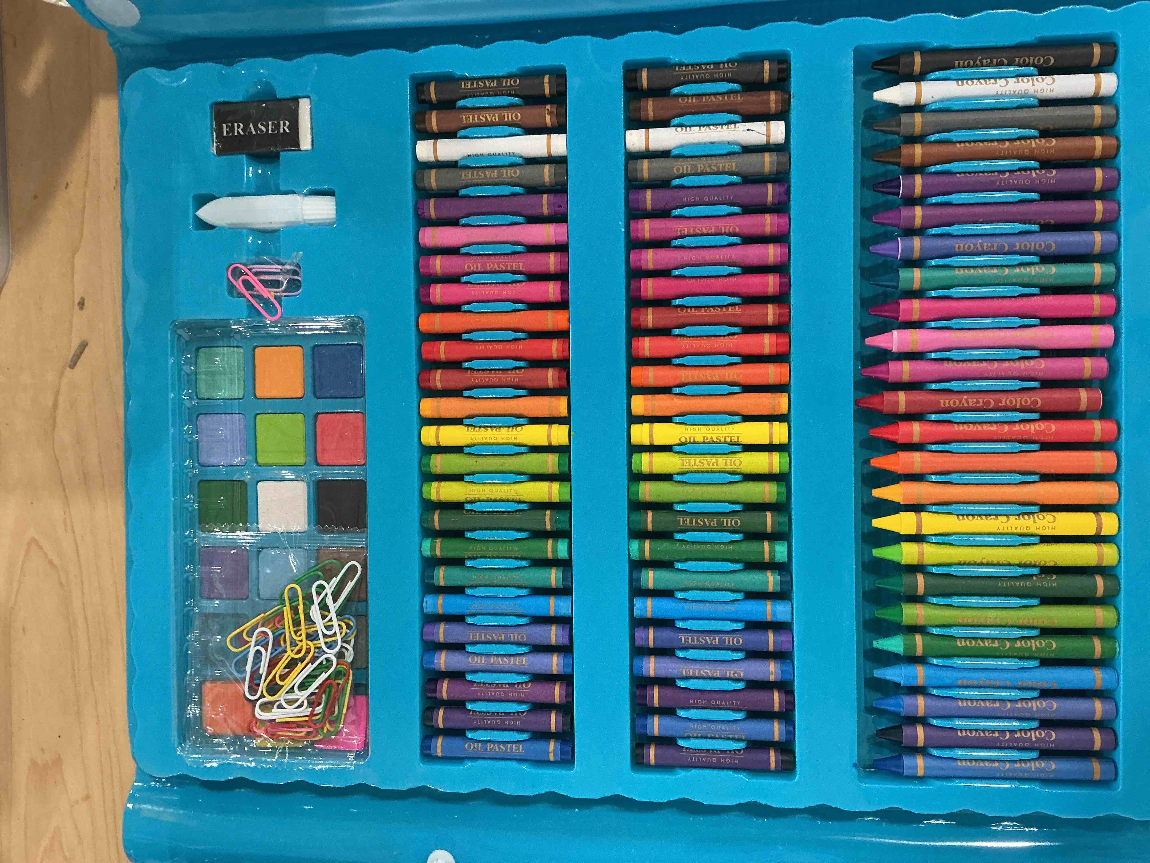Condition photo showing Good Condition for DLUCKY 208 PCS Art Supplies, Drawing Art Kit for Adults Art Set with Double Sided Trifold Easel, Oil Pastels, Crayons, Colored Pencils, Watercolor Pens Gift for Girls Boys Artist,Blue