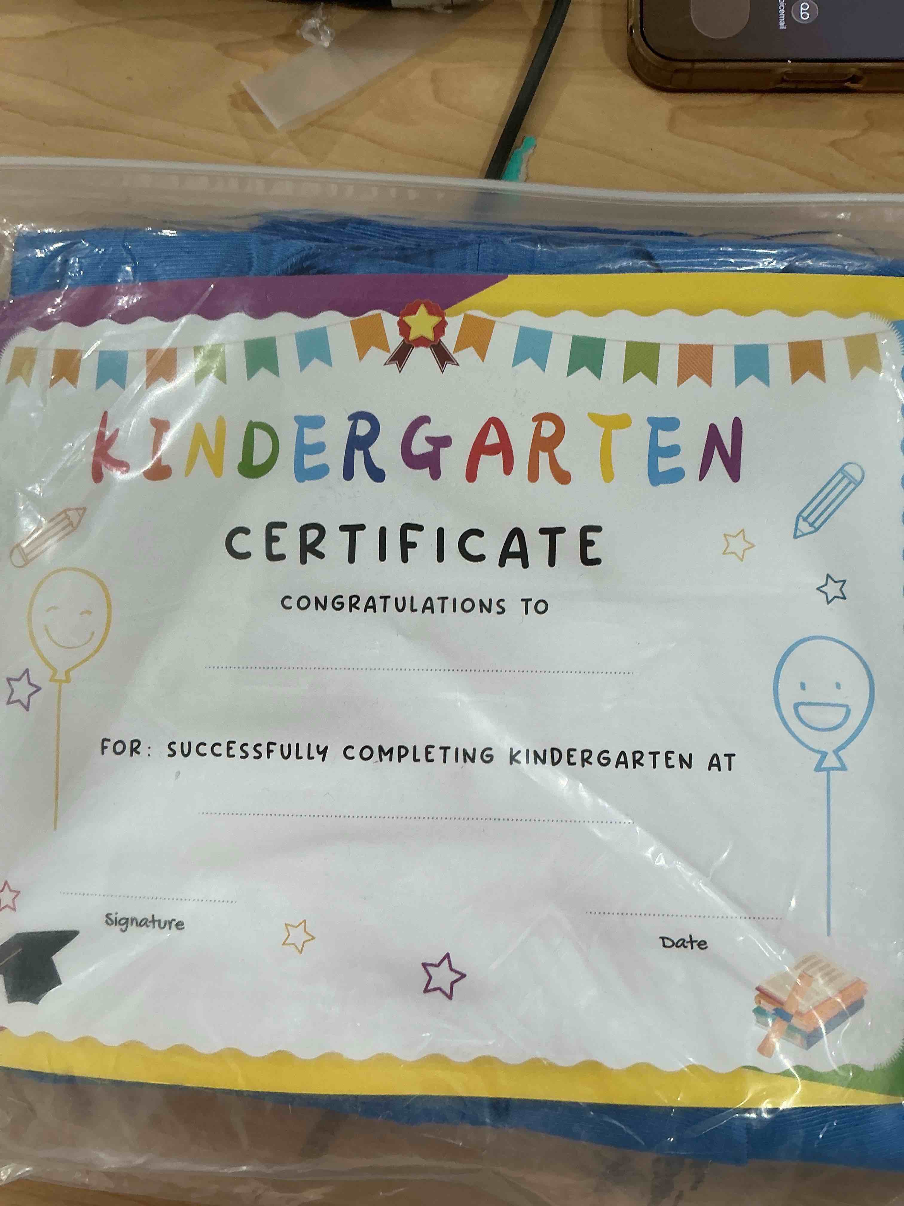 Condition photo showing New/Like New for Kindergarten graduation cap and gown with 2025 Tassel, Certificatefor Toddler Children (27"-33") Blue Medium/30 inches