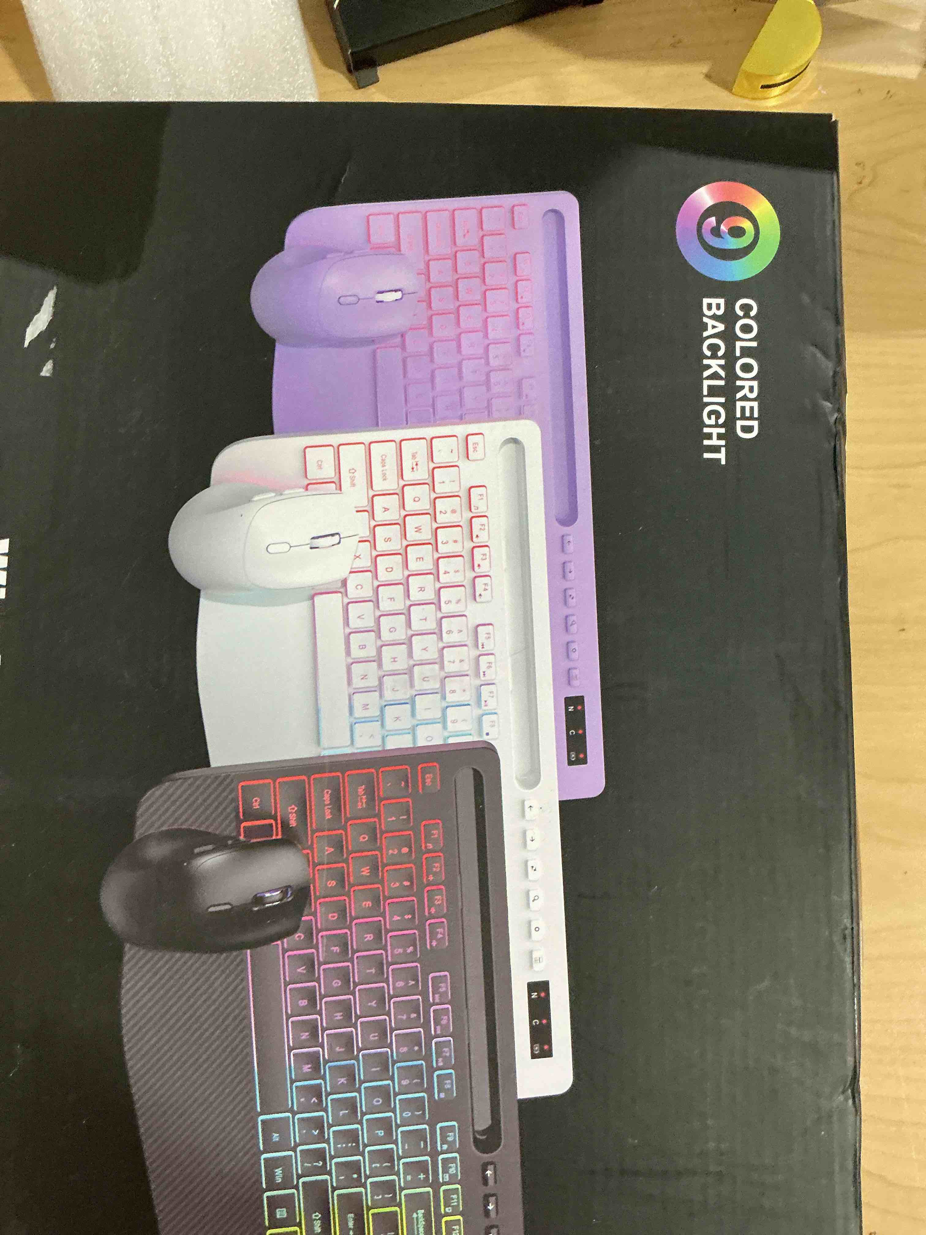 Condition photo showing New/Like New for Wireless Keyboard and Mouse Combo - 9 Backlit Effects, RGB, Ergonomic Wrist Rest, Phone Holder, 2.4G Full Size, Rechargeable, Sleep Mode, Quiet Keyboard Set for Computer, PC, Laptop, Mac, Windows Classic Black