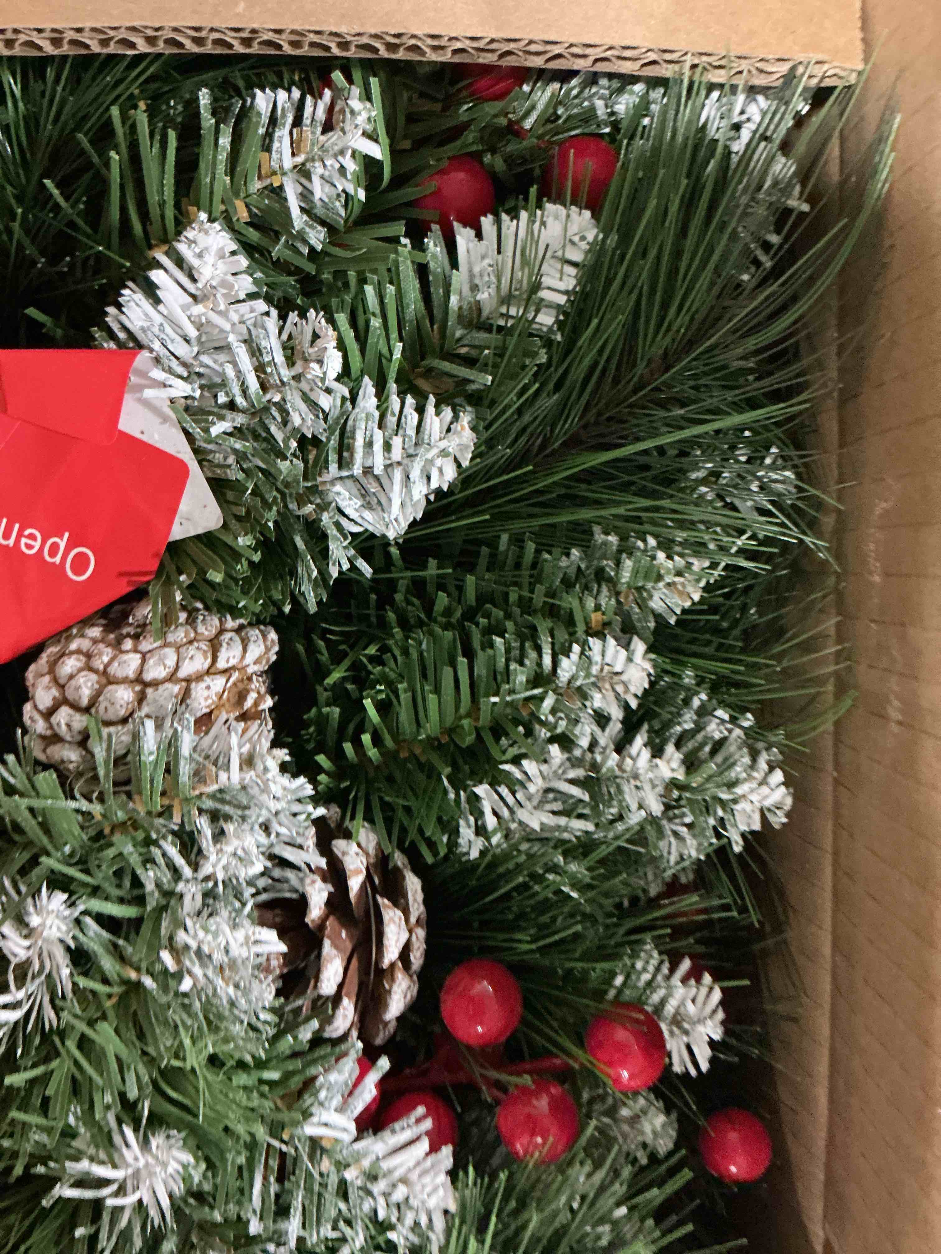 Christmas Garland with Lights - 9FT Pre-Lit Flocked Garland with 30 LED Bulbs, Red Berries, Pine Con