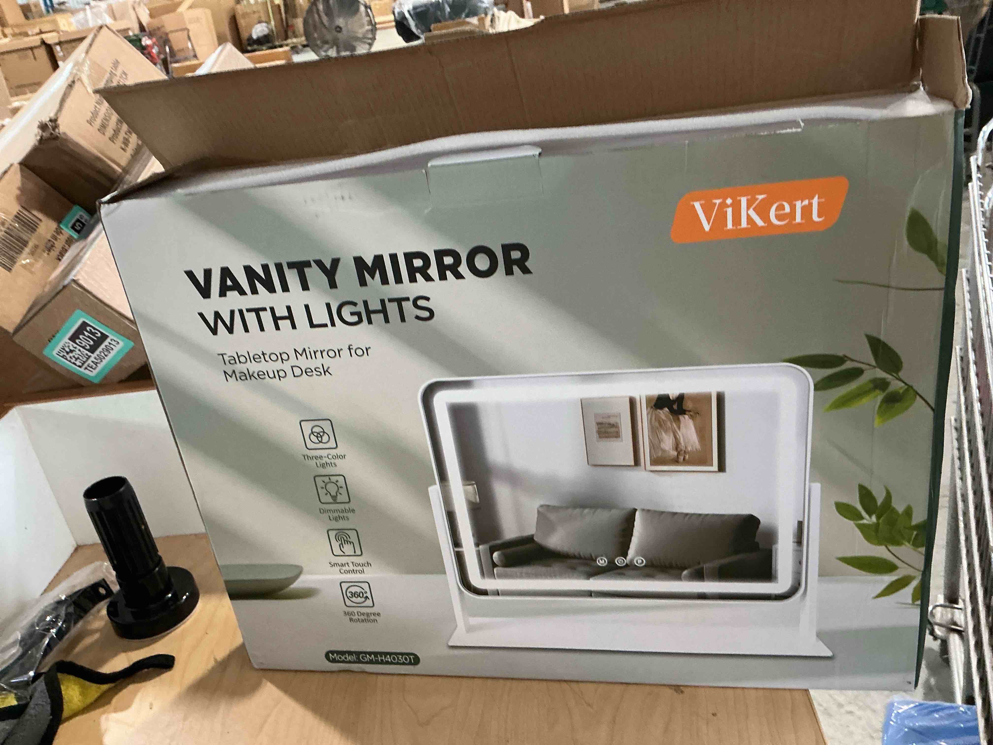 Condition photo showing New/Like New for acoolda vanity mirror with lights,16.9"x 14" lighted makeup mirror, makeup mirror with lights,three color lighting modes, and 10x magnification mirror, smart touch control, 360°rotation white