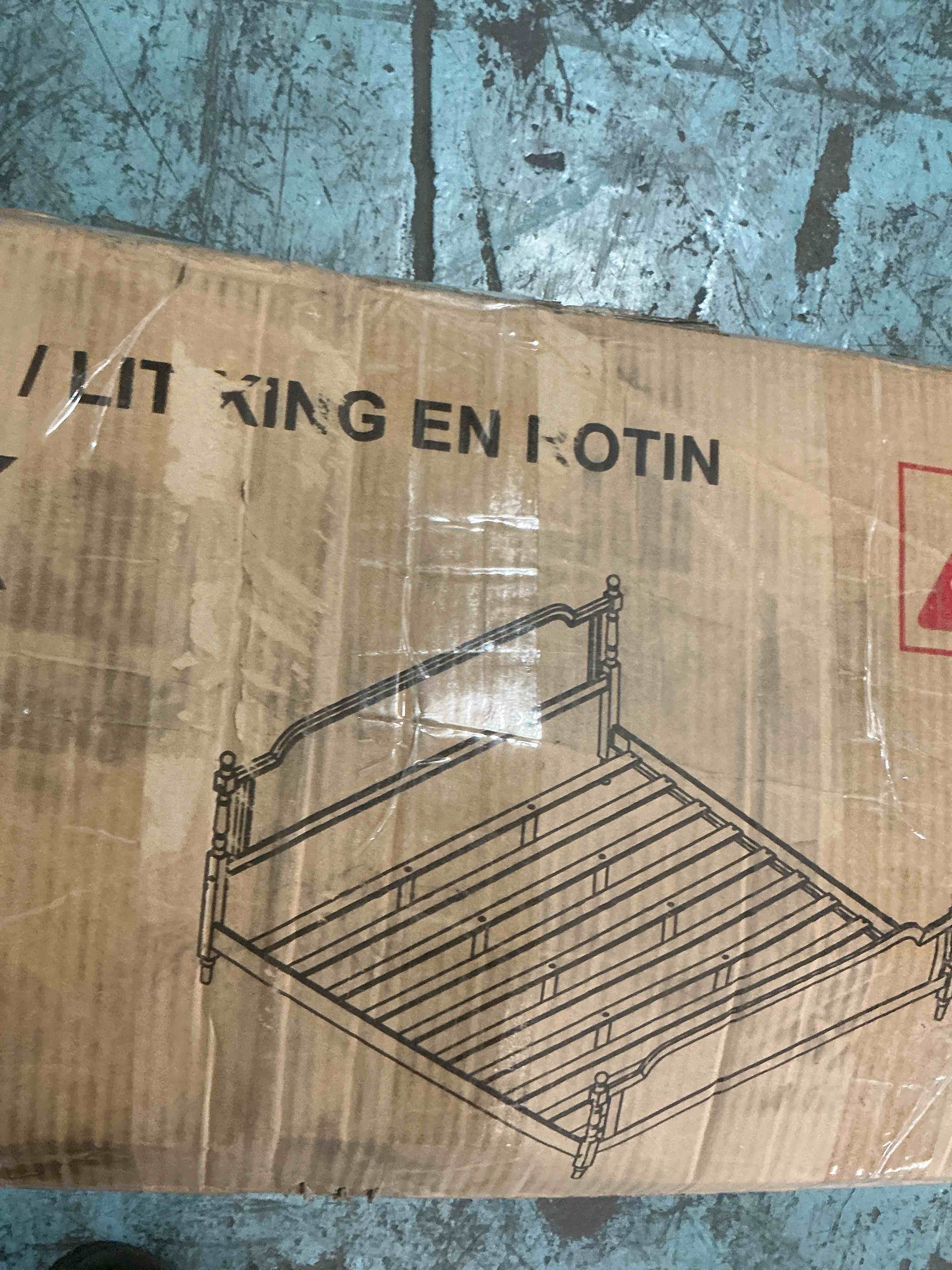 Condition photo showing New/Like New for phi villa rattan king bed frame with headboard, wood mid century boho bed frames, no box spring needed, brownbox1/2 only 