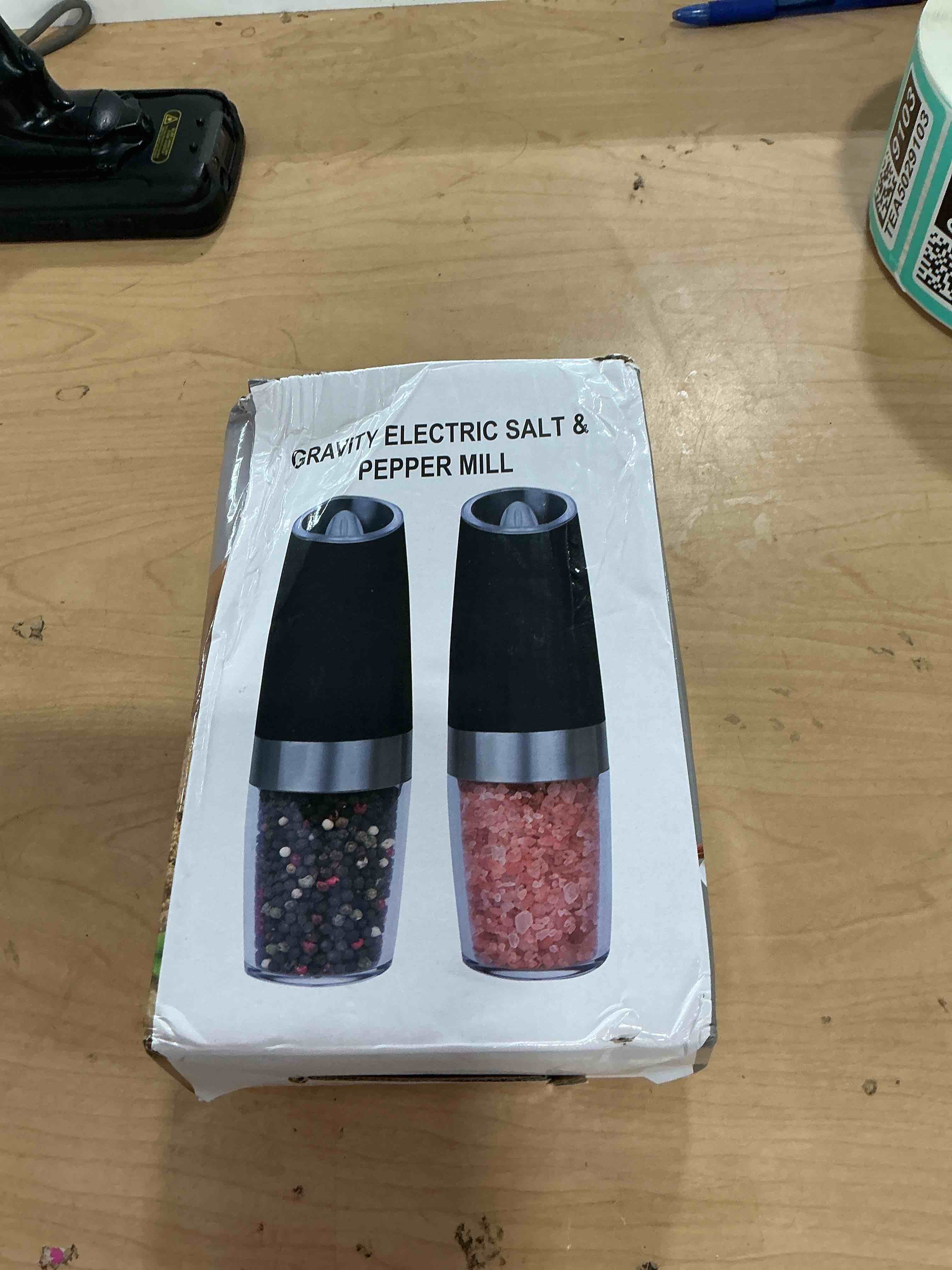 Condition photo showing Brand New for circle joy gravity electric salt and pepper grinder set automatic salt and pepper grinder set with led light, battery operated, adjustable coarseness, large capacity, for home kitchen bbq, black a-black set battery