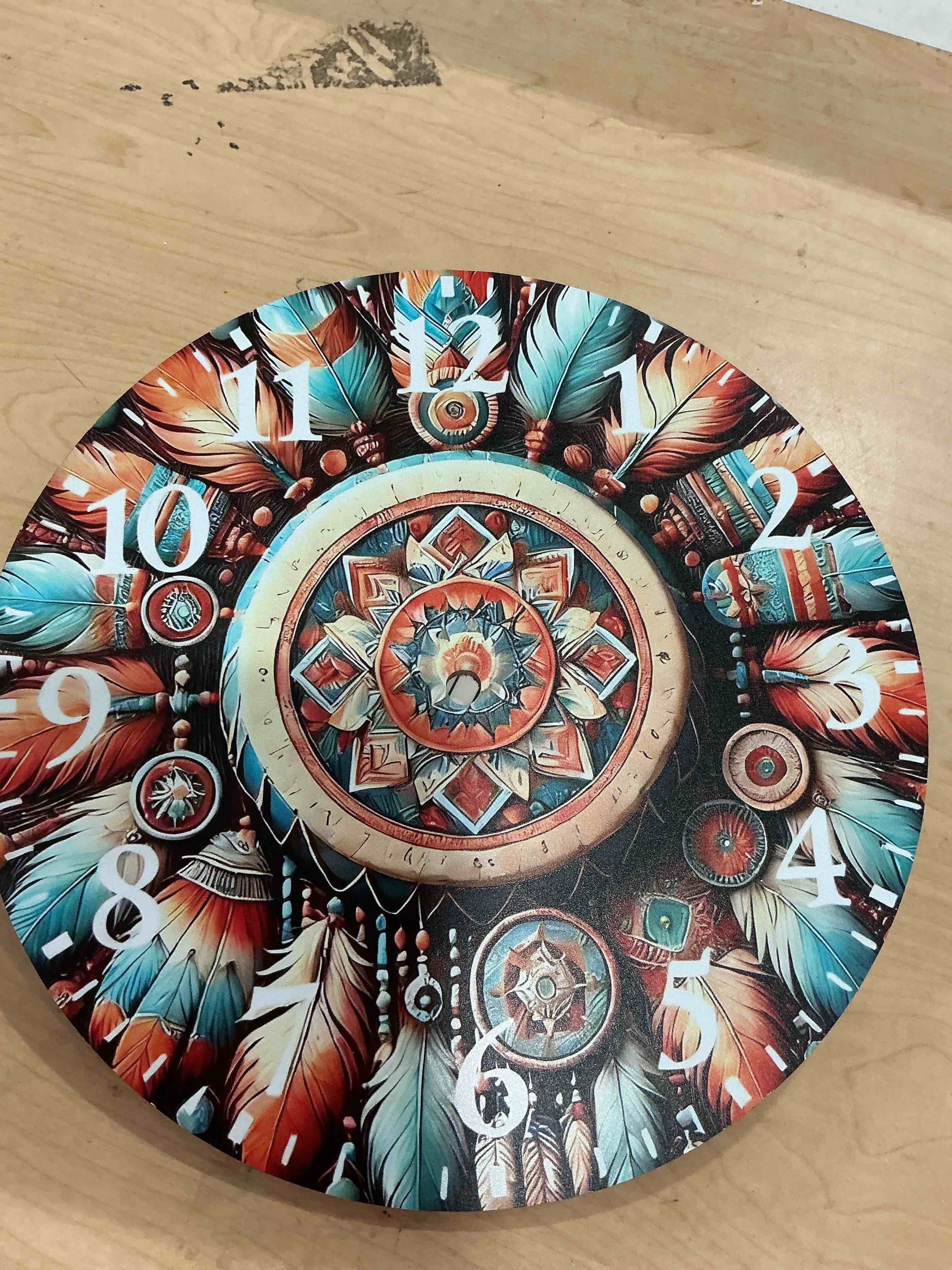 Condition photo showing Brand New for watercolor dreamcatcher feather wall clock with large white numbers, 10 inch (25 cm), silent non-ticking easy to read analog clock for bedroom living room kitchen office deco, colors and designs may vary, please see item pictures for actual item design. 
