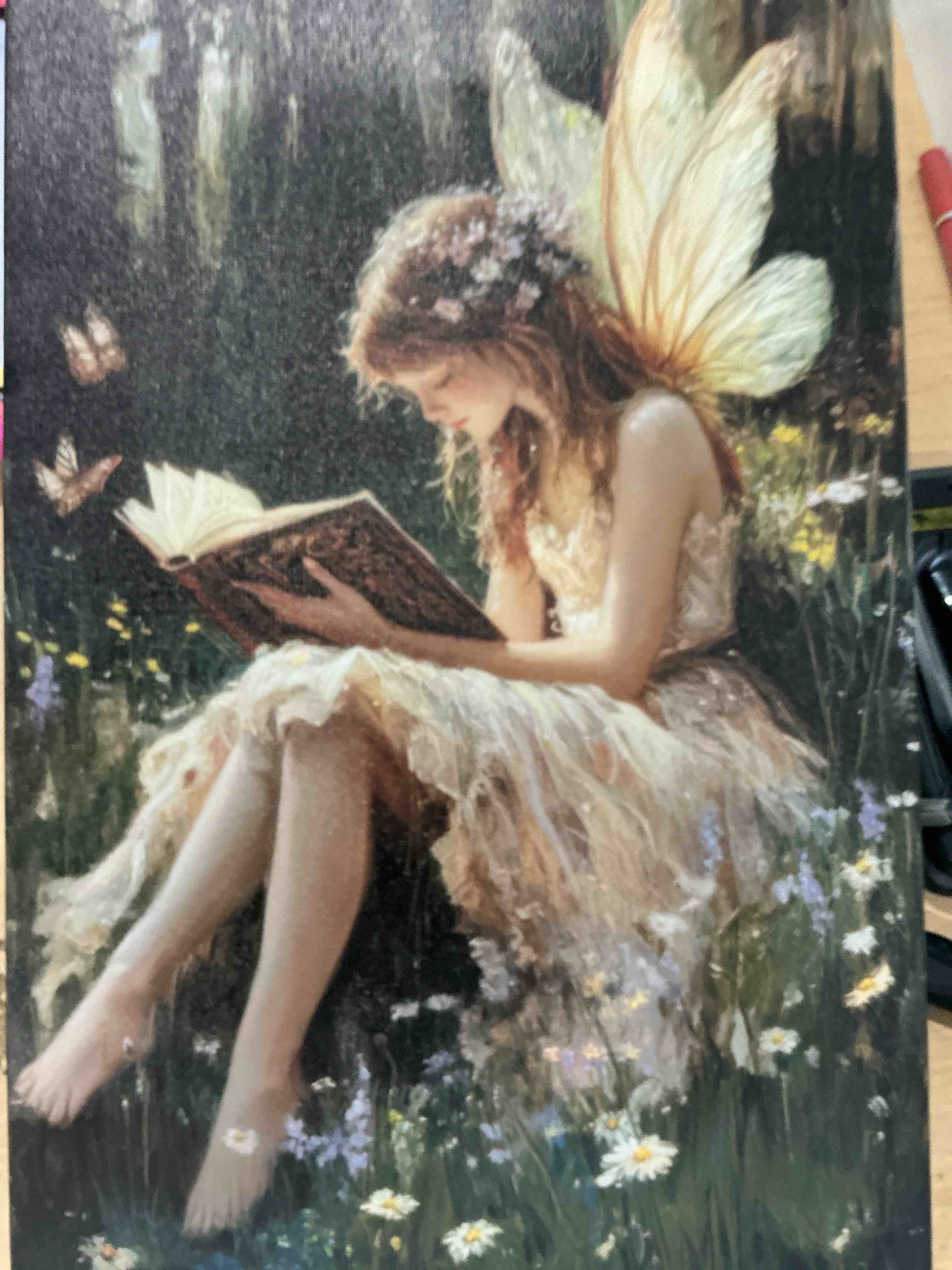 Condition photo showing New/Like New for forest fairy sitting on branch reading a book wall decor, vintage painting fantasy fairy tale whimsical sprite fairycore moody wall art picture (framed,16×24 inch)