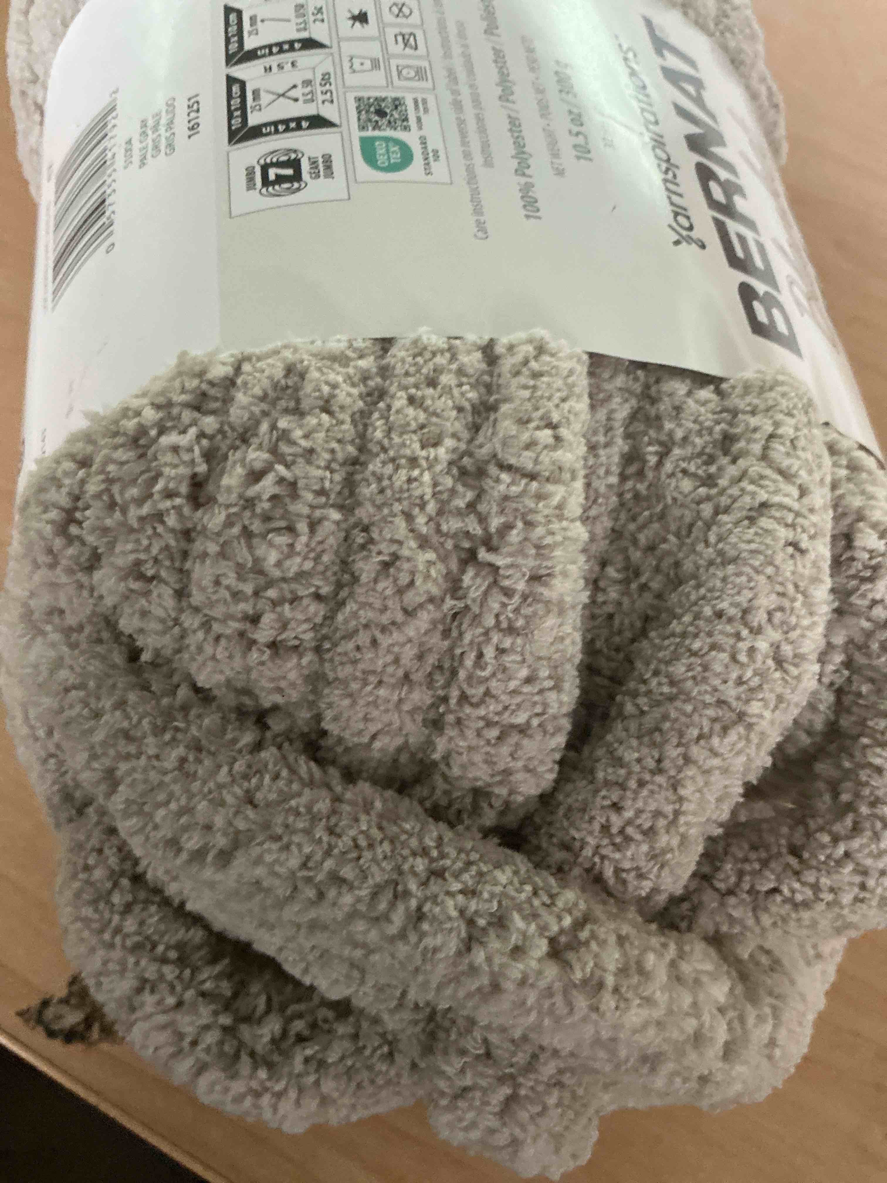 Condition photo showing New/Like New for bernat baby blanket yarn, 3.5 oz, gauge 6 super bulky, baby grey/tan