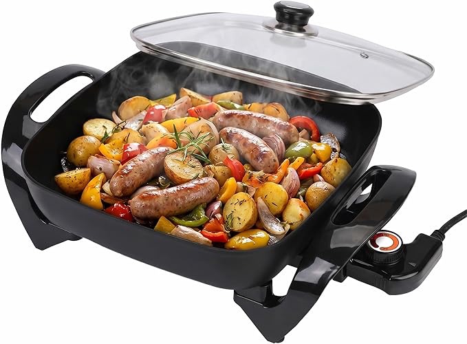 aoran 12"x12" electric skillet 1500w with 5-piece kitchen tools - 6.5qt nonstick griddle, dishwasher safe, rapid heating, vented glass lid & oven safe family cookware