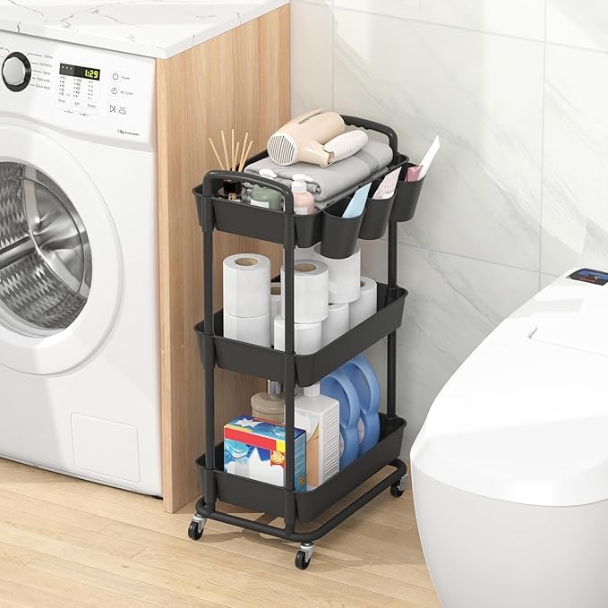 Condition photo showing New/Like New for jiuyotree 3-tier plastic rolling storage cart utility cart with extra hanging cups handles lockable wheels for living room bathroom kitchen office black