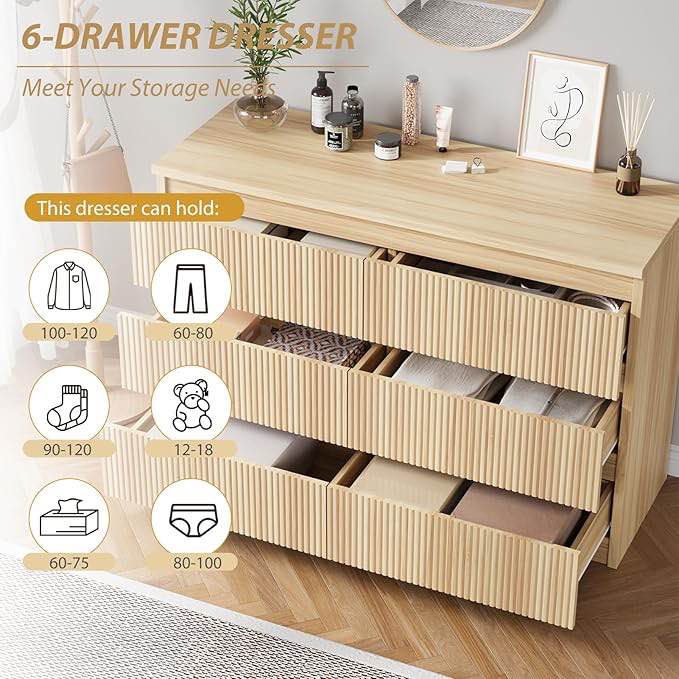 Condition photo showing As Is for jocoevol 6 drawer fluted dresser, modern chest of drawers for bedroom with hidden handles, wood storage organizer cabinet for living room & entryway, natural oak (15.7" d x 47.3" w x 31.6" h)