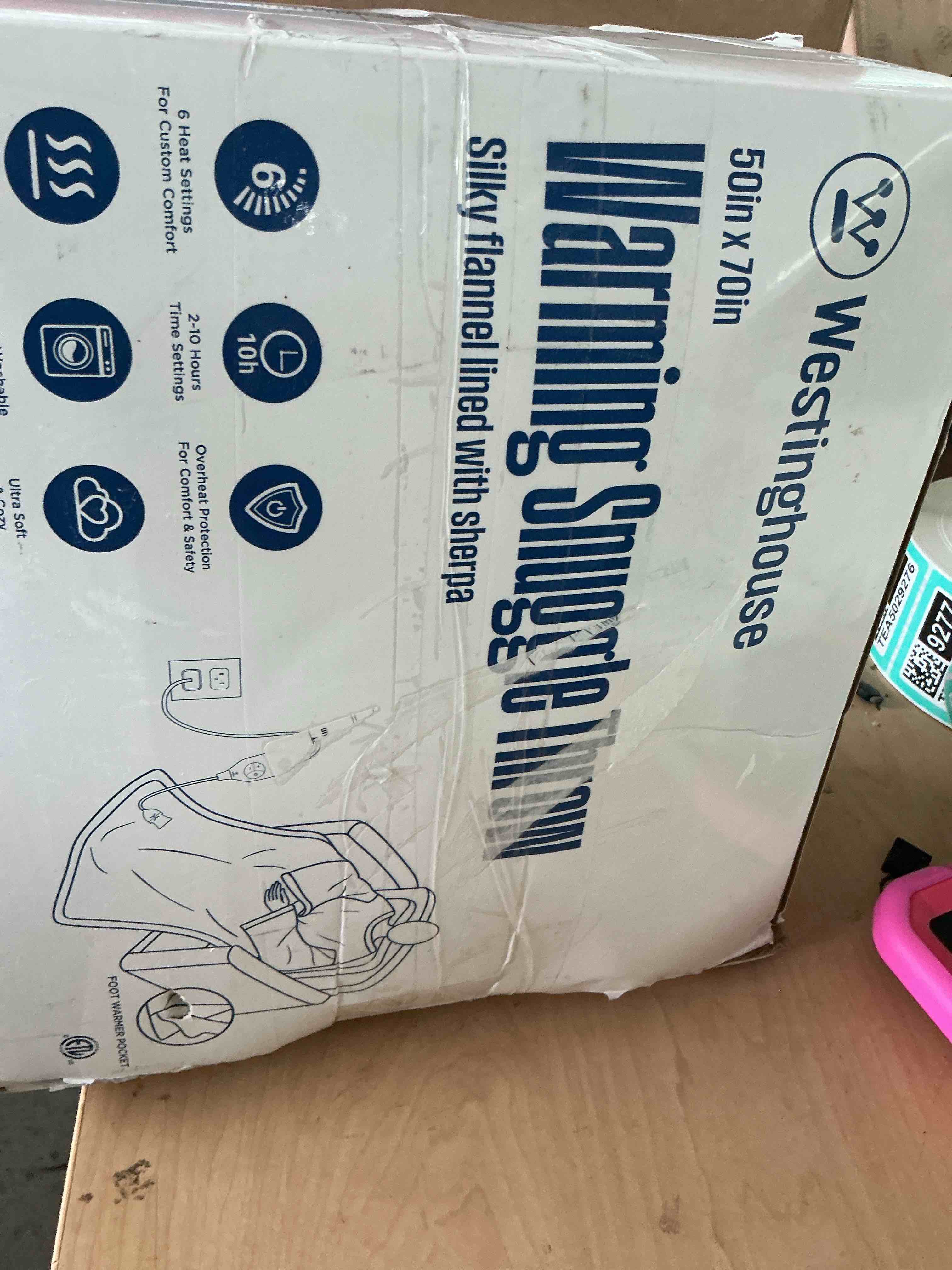 Condition photo showing New/Like New for westinghouse electric snuggle throw blankets with foot pocket, wearable heated blanket with sleeves, 6 heating levels & 2 to 10 hours heating time settings, 50 * 70"+18", grey 70*50" heated snuggle blanket grey&ivory