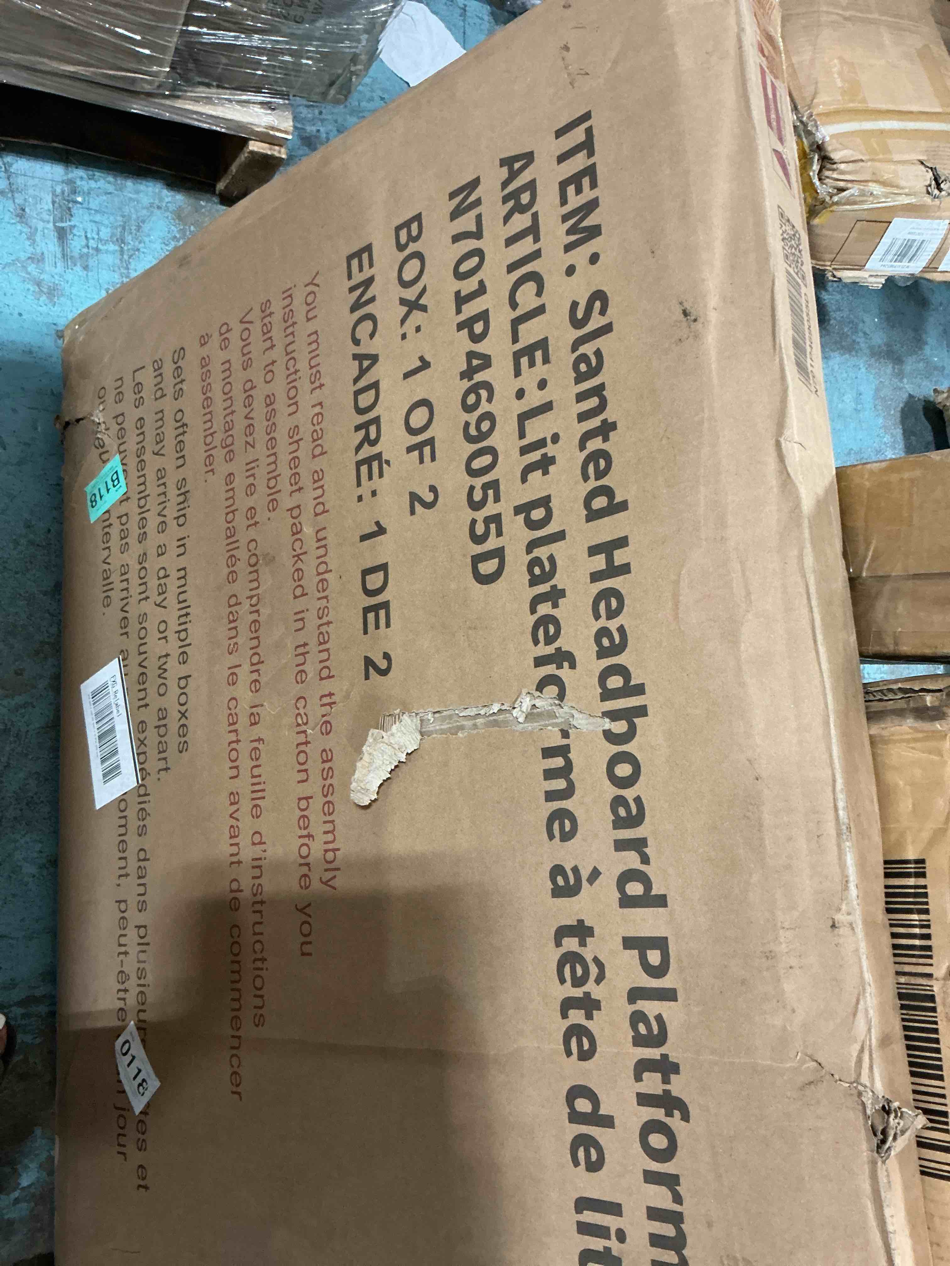 Condition photo showing New/Like New for plank+beam solid wood full bed frame with panel headboard, modern full platform bed with wood slat support, no box spring needed, pecan 1/2 box only