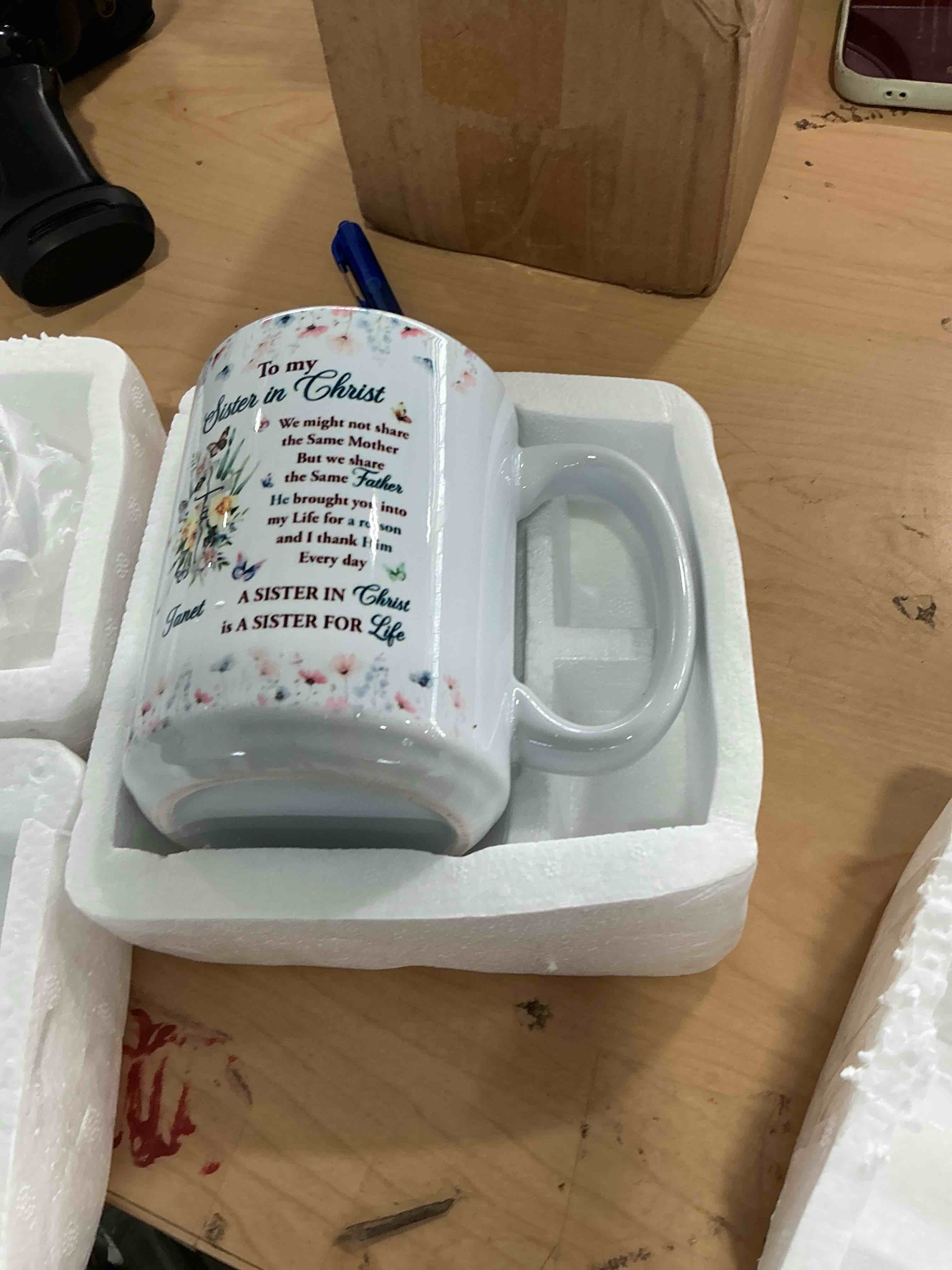 Condition photo showing New/Like New for to my sister in christ, we might not share the same mother - personalized sisters ceramic mug, birth month flower bestie christian mug, women religious coffee cup, sister religious gift, faith gift janet