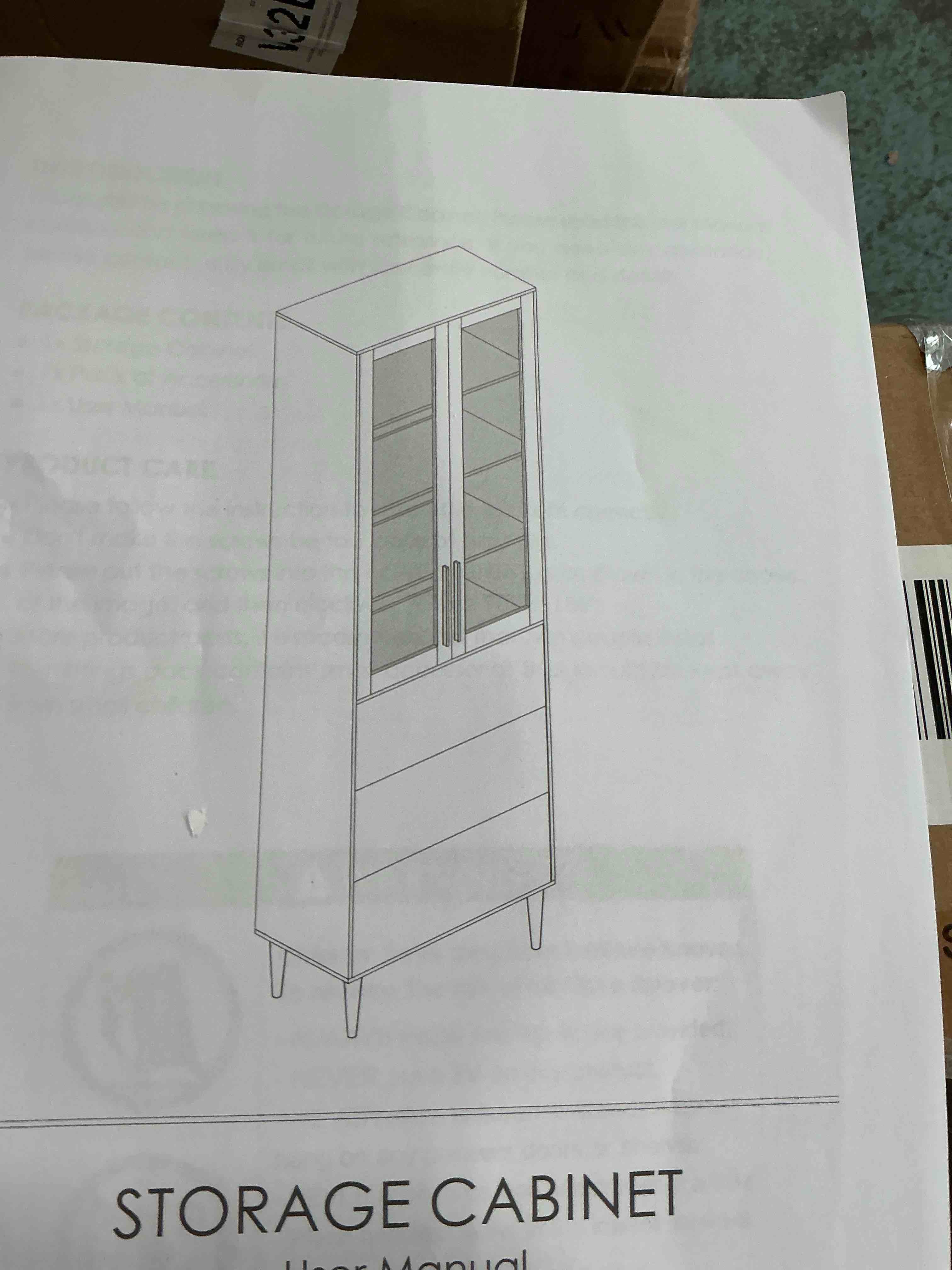 Condition photo showing New/Like New for horstors 67" tall storage cabinet, freestanding pantry cabinet with glass door and shelves, linen bathroom cabinet with 2 drawers for living room, kitchen, dining room, office, white model, box 1/2