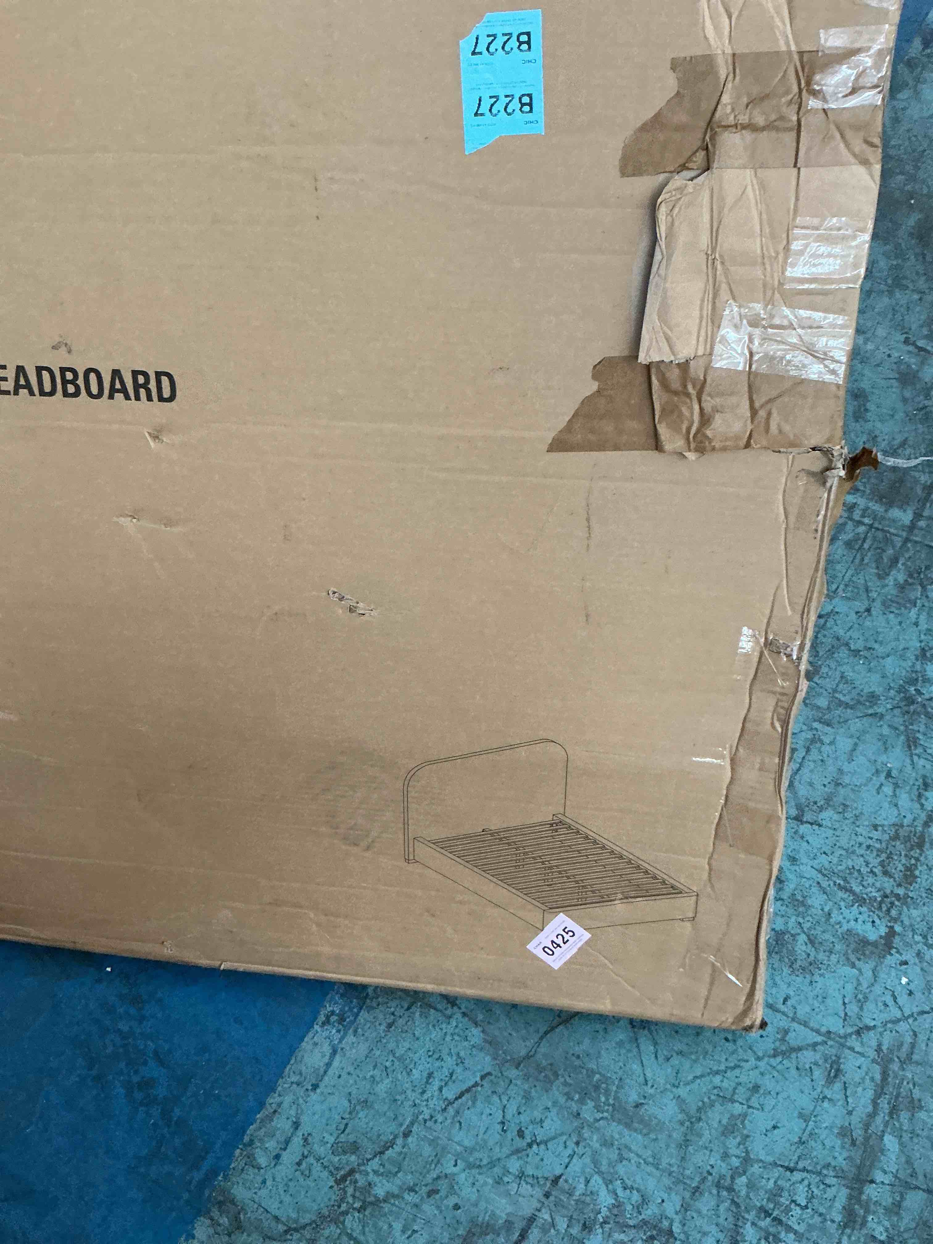 Condition photo showing New/Like New for upholstered bed with beige fabric 64-inch tall camelback headboard, forged steel frame, foundation required, full,no gold accents headbored only