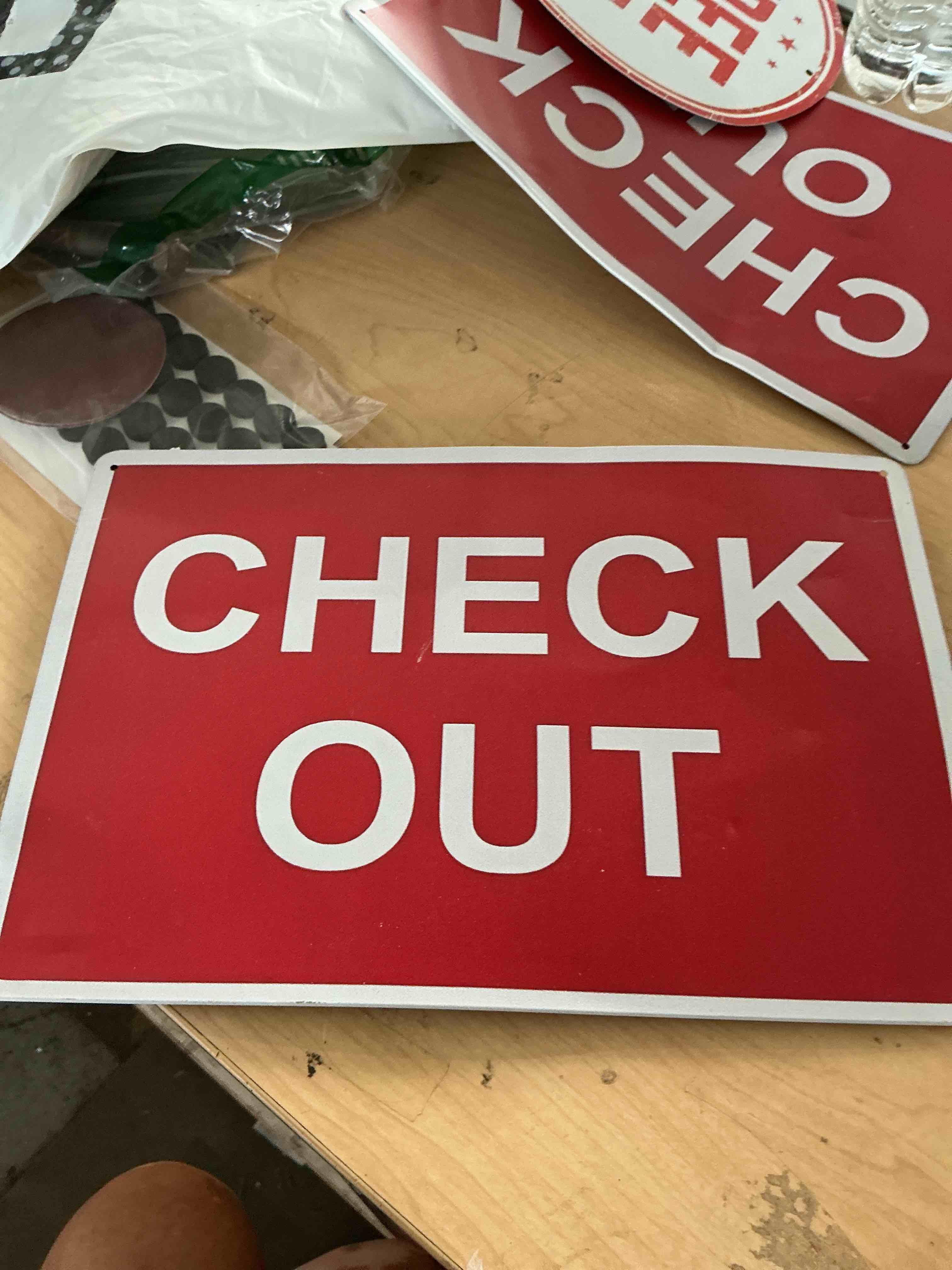 Condition photo showing As Is for weatherproof osha information sign (check out white on red) portrait vertical 8 in" x 12 in" indoor outdoor uv resistant workplace safety signage