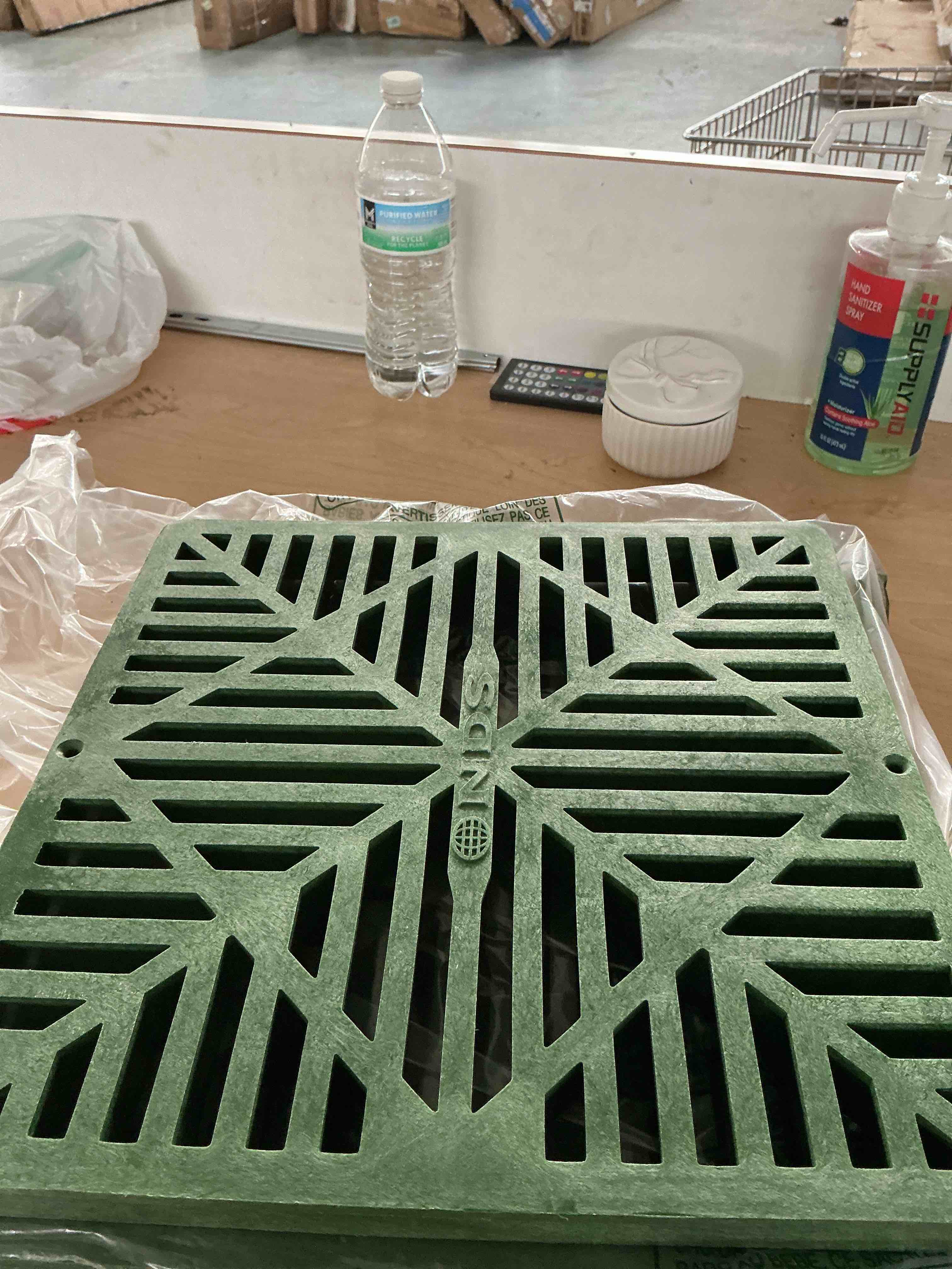 Condition photo showing New/Like New for nds 1212 square catch basin drain grate, diamond design, fits 12-inch catch basin drain, risers and low profile adapter, 12-inch, plastic, green