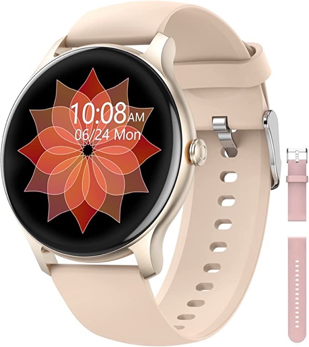 Round Smart Watch for Women Men, 2022 HD LCD Smartwatch iPhone Compatible, IP68 Waterproof Fitness Watch Monitor for Heart Rate, Blood Oxygen, Sleep, Activity Tracker with Steps, Calories (Pink)