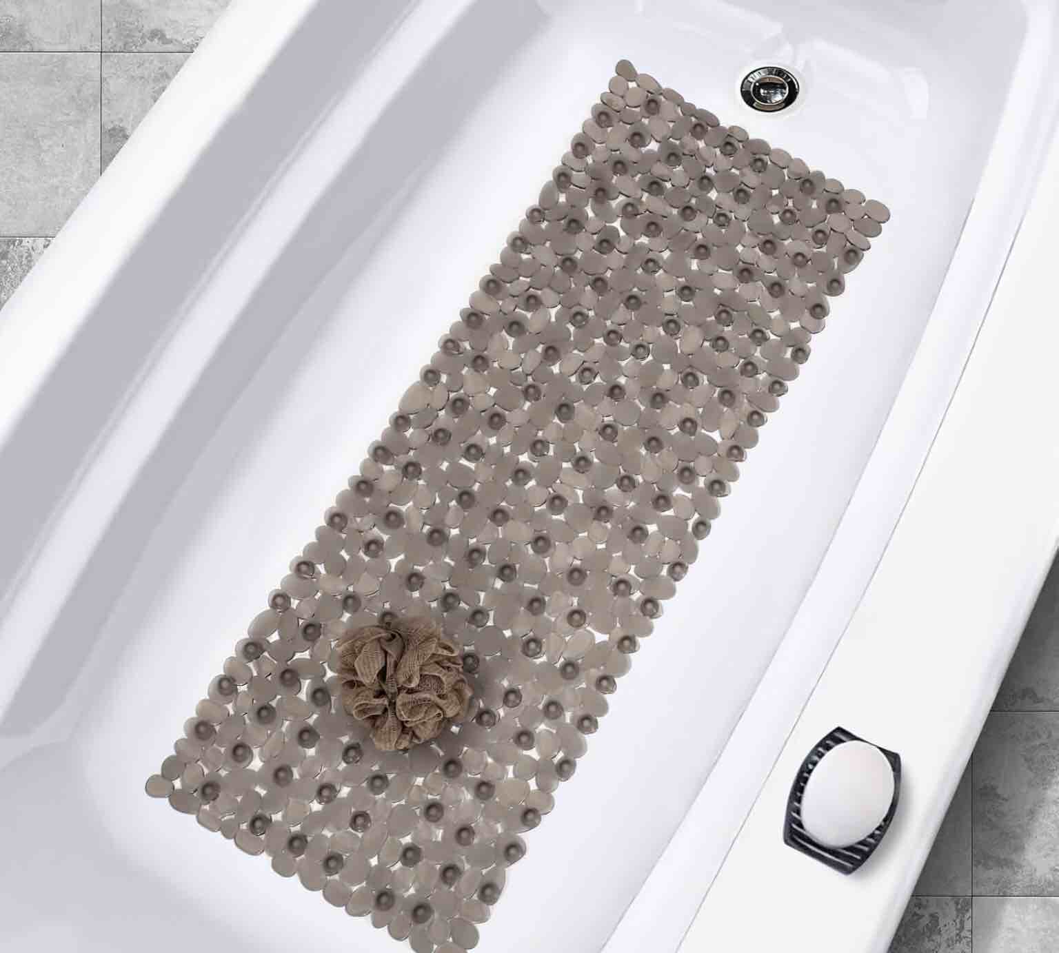 Non-Slip Bathtub and Shower Mat, 16x40 inches,Extra Long Anti-Slip Bath Mat with Powerful Suction Cups and Drainage Holes Machine Washable for Bathroom-Clear Grey