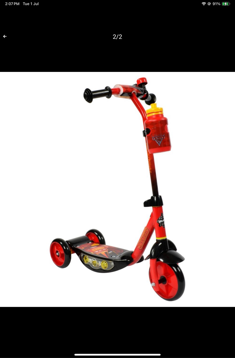 Huffy Disney Pixar Cars Preschool Scooter with Lights, Bell, and Water Bottle, Superhero Red
