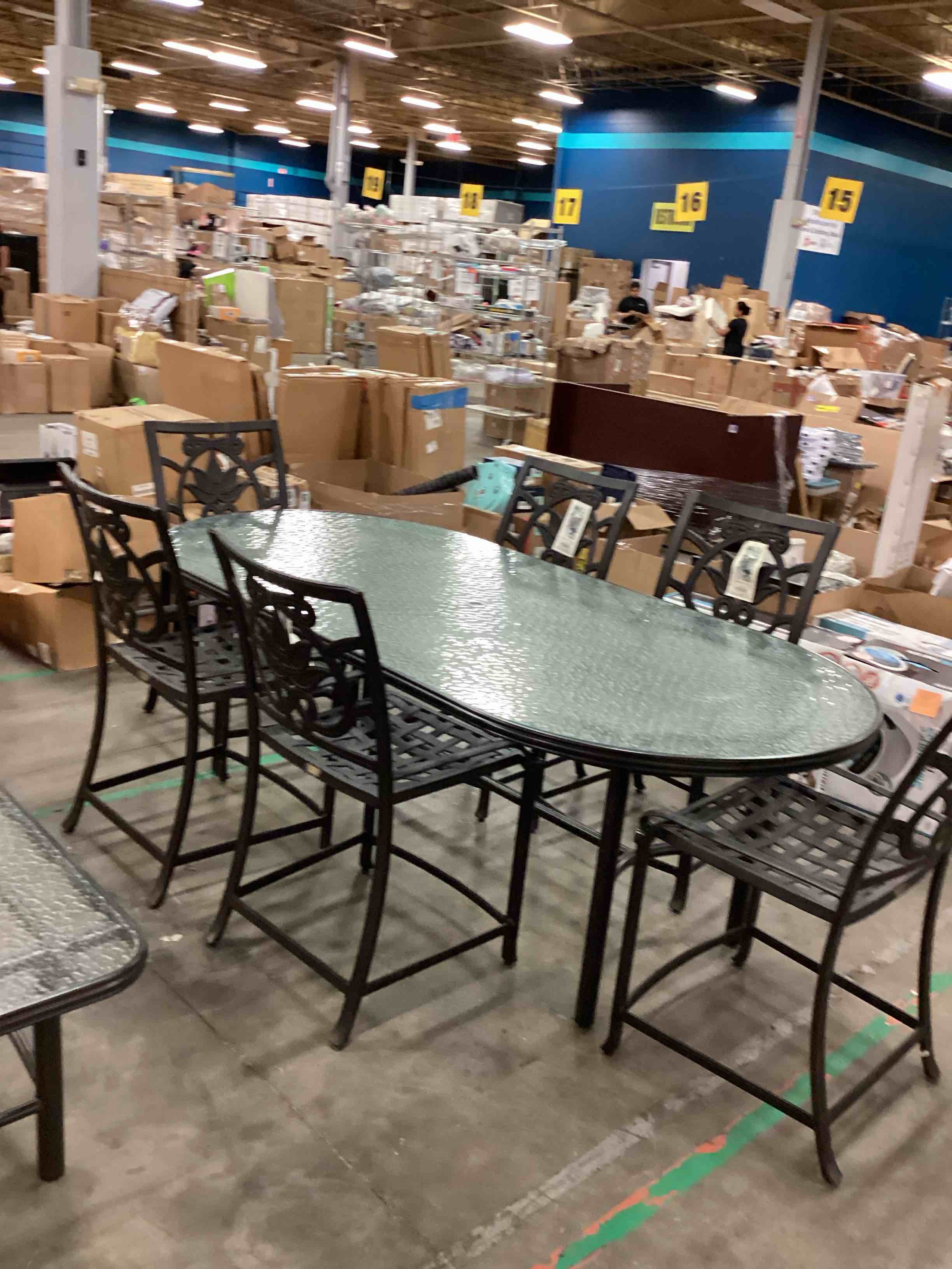 Artisan Collection 7 Piece Patio Dining , Oval Glass Metal Table with Umbrella Hole, and 6 Dining Outdoor Chairs, by Mallin Casual Furniture