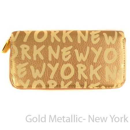 Ladies Metropolitan Wallet Collection New York Print, Gold Metallic.