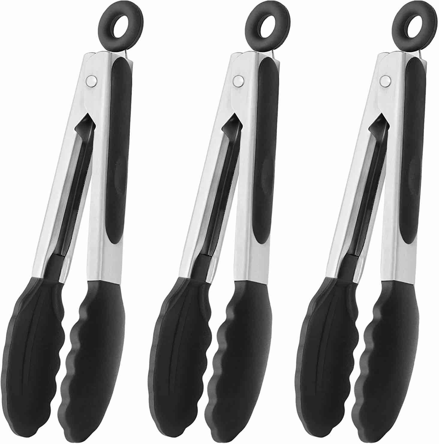 Set of 3 Heavy Duty Locking Kitchen Tongs 7-Inch. Black