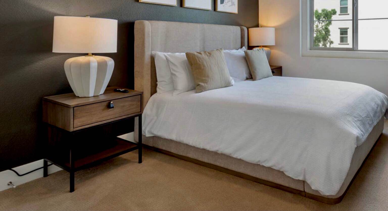 Landing King Bed Fabric: Oyster Beige, Finish: Thermo Walnut (Slats/Platform Only)