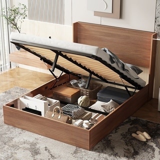 Large Grooved Undulating Lift Storage Bed Frame, Wooden Platform Bed Frame With Lift Storage, No Spring Box Required/No Noise Slatted Natural Wood(Queen)