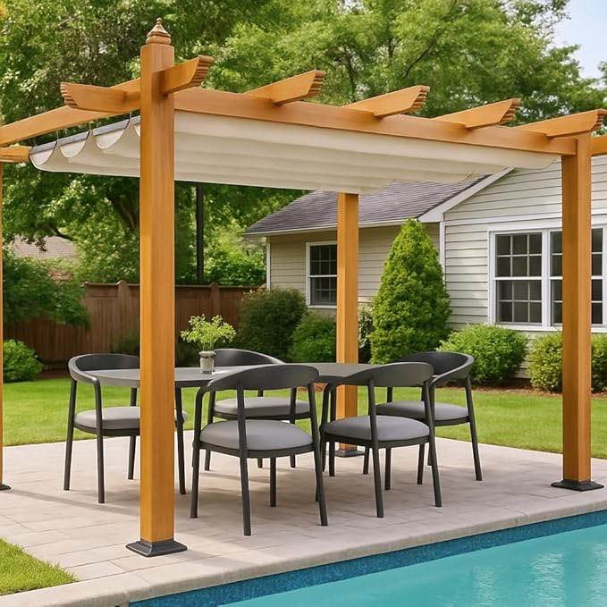 Condition photo showing Good Condition for 10 X 10 Ft Wood Pergola With Retractable Sunshade Canopy, Solid Structure