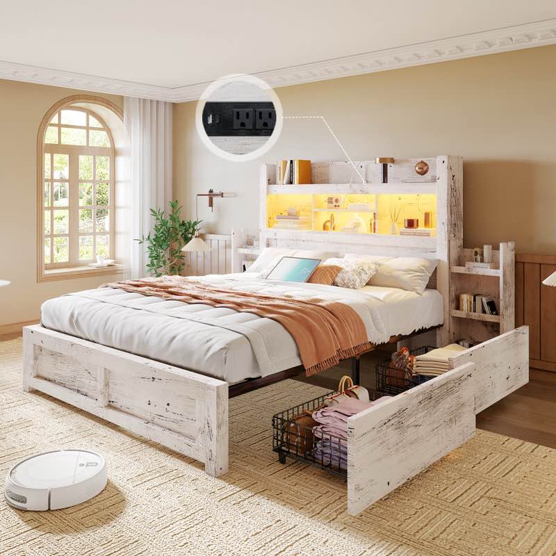 Luxoak Full Bed Frame With Bookcase Headboard & 2 Detachable Bedside Stoage Racks & 4 Drawers, Farmhouse Wood Bed Frame With Rgb Led & Charging Station, No Box Spring Needed,2