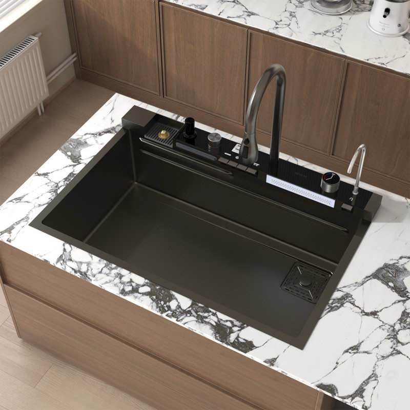 drop-in single bowl stainless steel kitchen sink with pull-down faucet and cutting board and grid