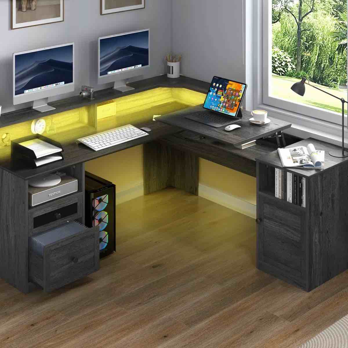 60'' L Shaped Desk With Power Outlet, Lift Top & LED Lights