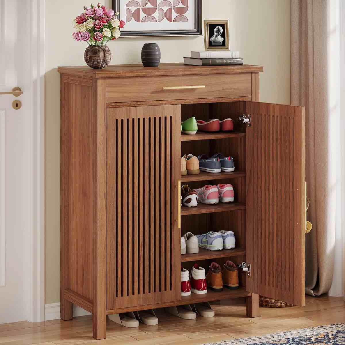 5-tier shoe storage cabinet with doors and drawer, wooden shoe rack organizer