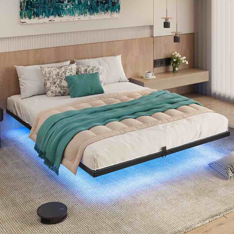 Floating Bed Frame Queen Size With Led Lights, Metal Platform Queen Bed, No Box Spring Needed, Easy To Assemble