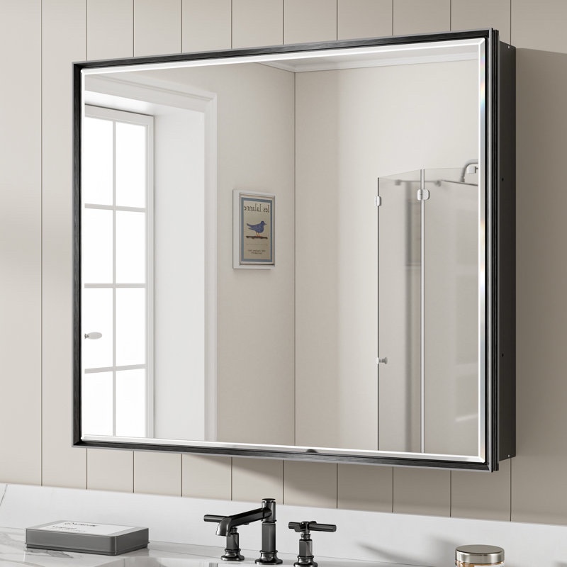 Belwood Recessed or Surface Rectangular Framed Medicine Cabinet with Beveled Mirror Door & Adjustable Shelves