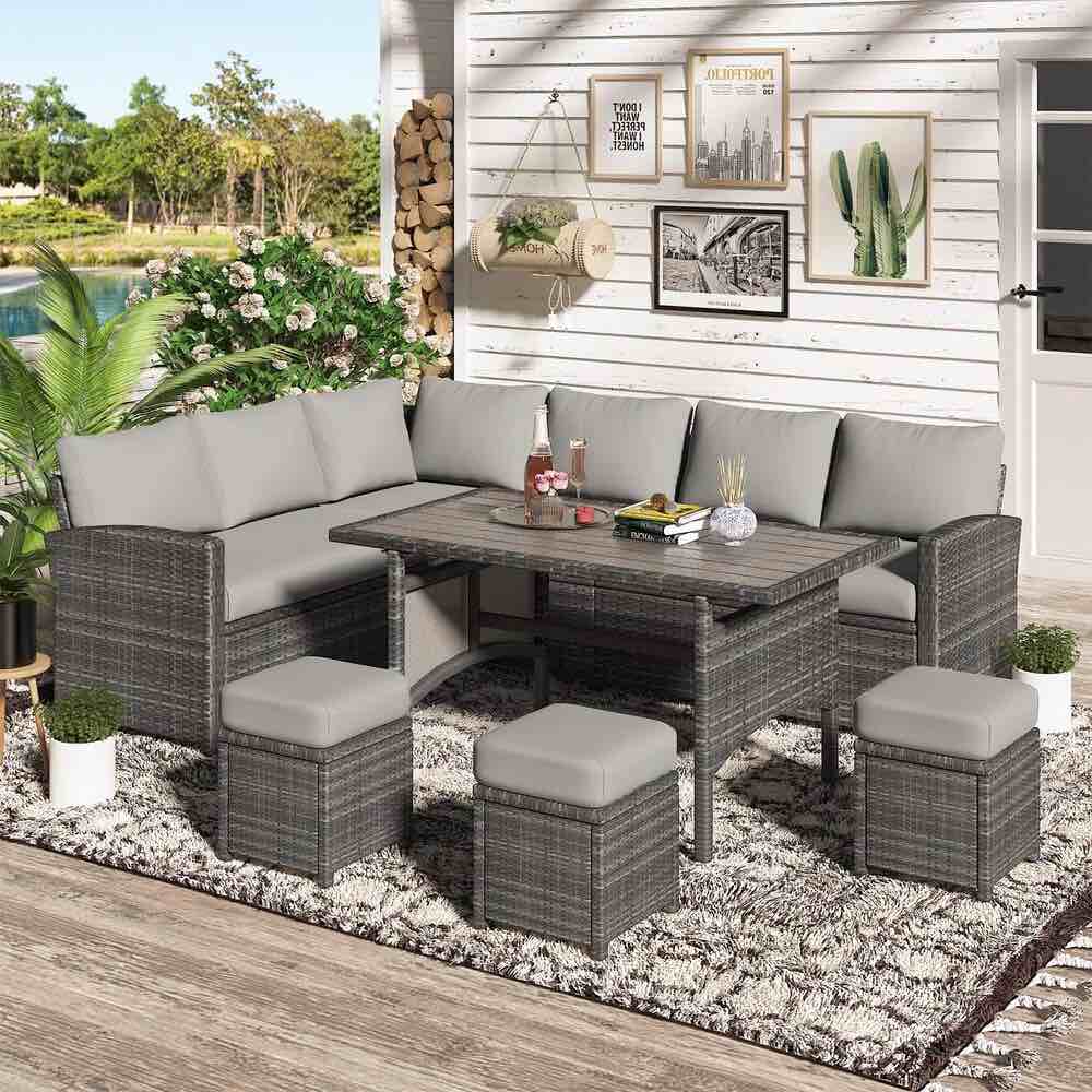 Hinesville 7 Piece Rattan Lounge Dining with Cushions