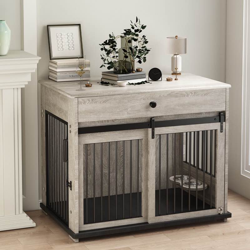 39"L Wooden Large Dog Crate Furniture With Sliding Door, Side Door & Rotating Bowls, Drawer Storage