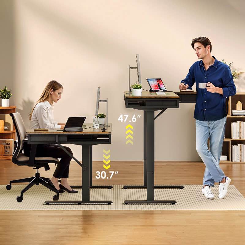 electric standing desk with 4 under-desk drawers, height-adjustable desk with built-in power outlets,standing desk with reversible structure,home office desk with hidden desk-mounted cable management tray
