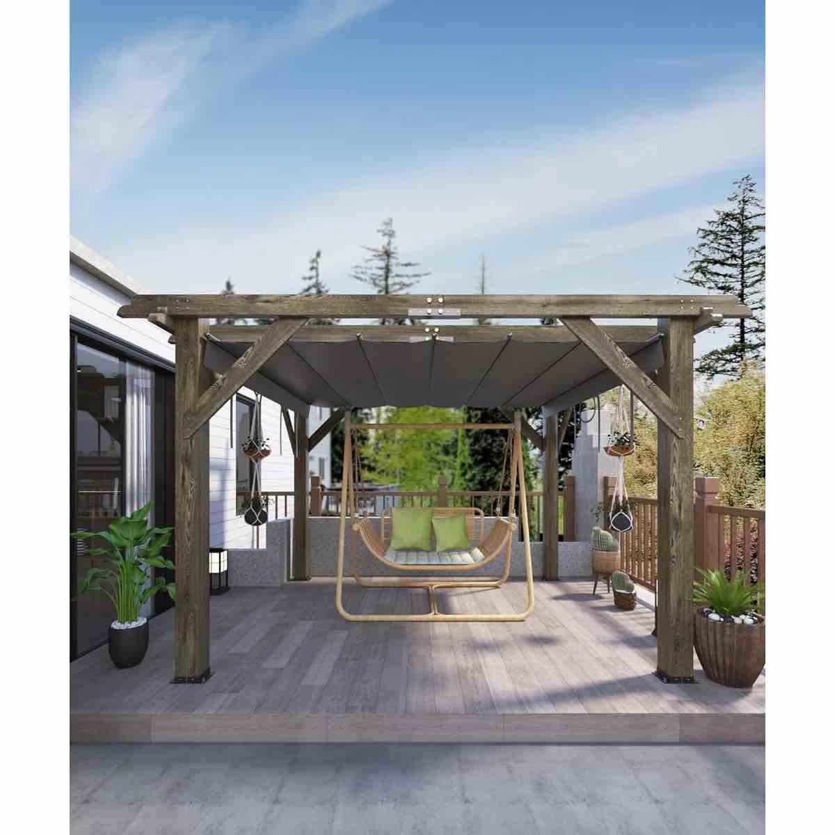 10 X 10 Ft Wood Pergola With Retractable Sunshade Canopy, Solid Structure