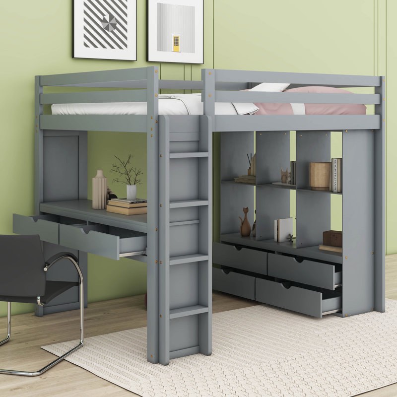 Jannah Loft Bed with large shelves, writing desk and LED Light